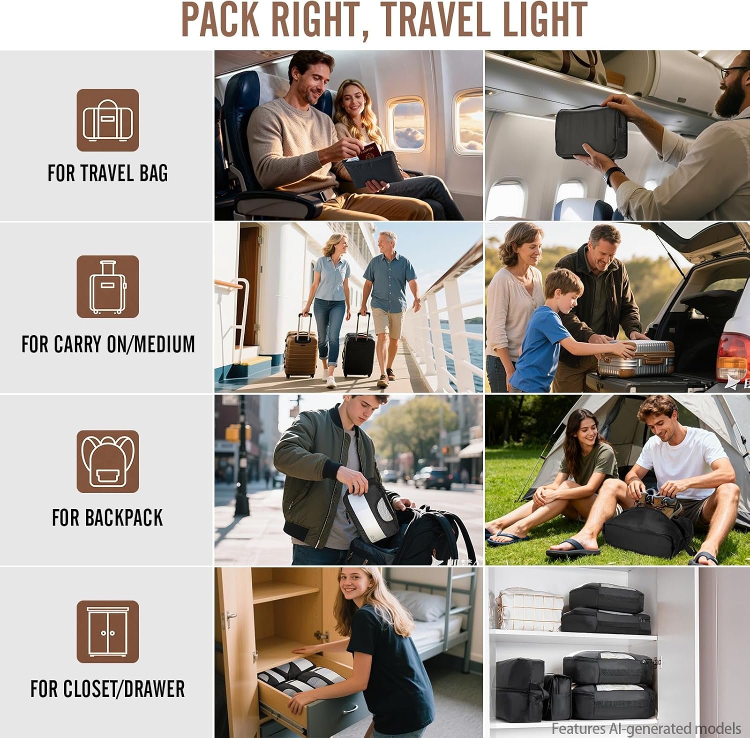 Veken 10 Set/8 Set Packing Cubes for Travel Essentials,Anti-Wrinkle Buckled Suitcase Organizer for Shoe & Toiletry Bag,Carry On Luggage Bag for Airplane & College Dorm Room Accessories,Women Men Gifts - Image 8