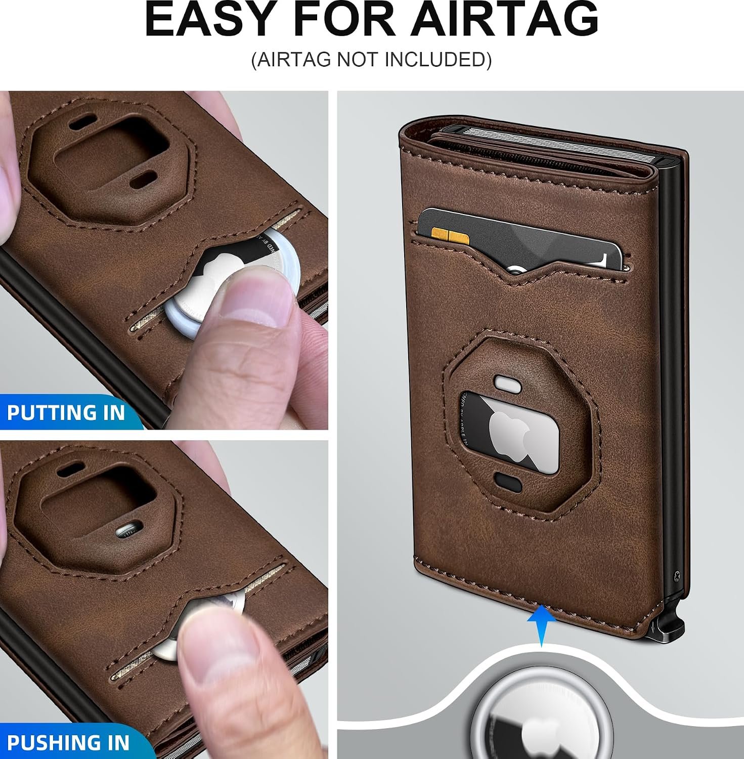Airtag Wallet for Men,with Cash Pocket 2 ID Window 10+ Cards,Metal Case Smart Slim Pop Up Credit Card Holder Flip with Magnetic Closure RFID Blocking Trifold Leather wallet with Gift Box - Image 4