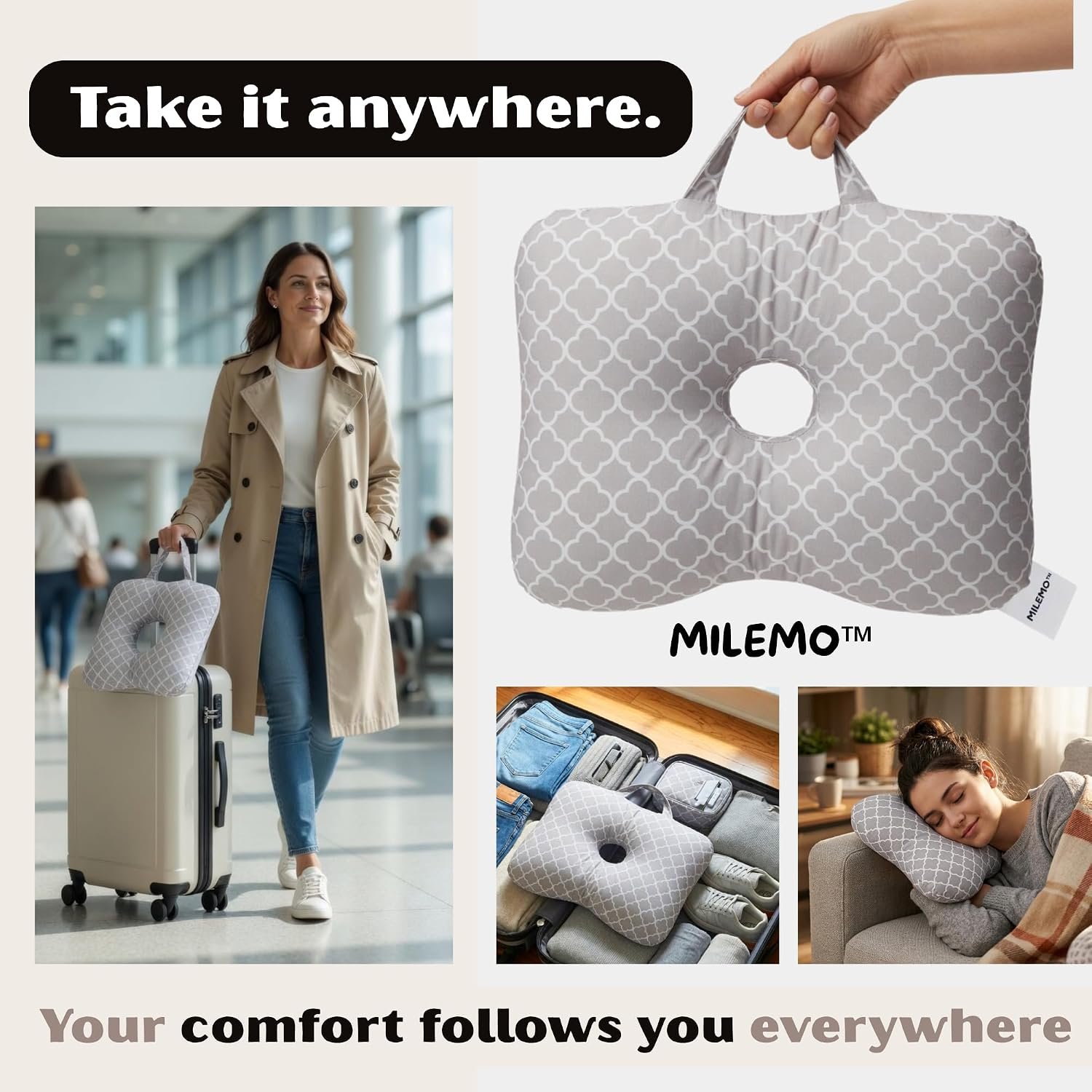 Ear Comfort Travel Pillow with Ear Hole- Side SleepingTravel Cushion with Handle-Lightweight Skin-Friendly Fabric (Light Gray) - Image 3