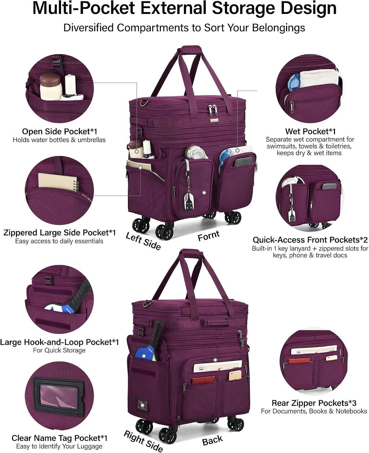 MILADA Expandable Luggage Bags for Travel Large Suitcases with Wheels | Upgraded Foldable Rolling Bag, 13 Pockets, Multi Carry Ways, Collapsible Travel Bag for Moving, Gym, Shopping, Men & Women - Image 5