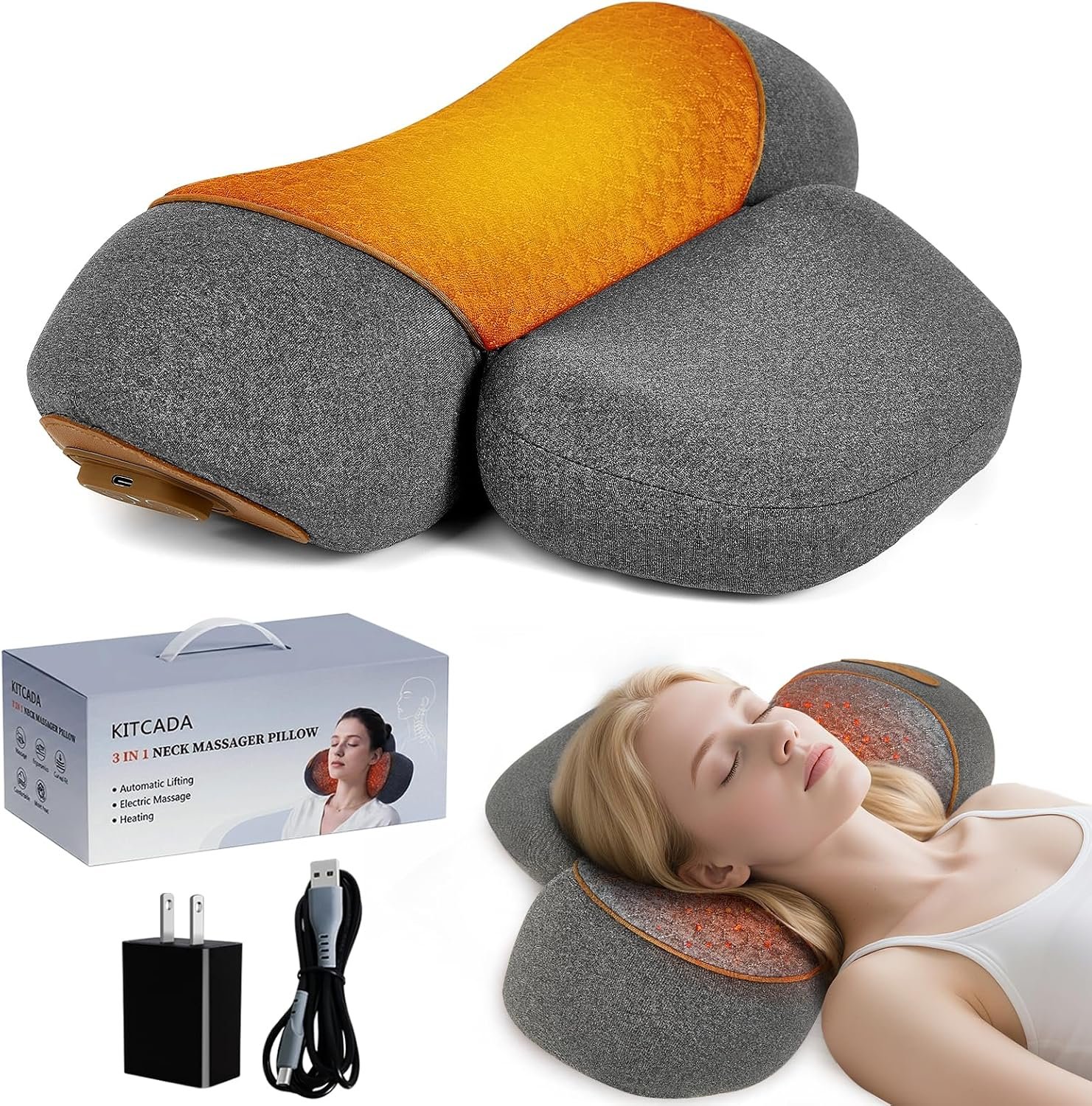 Neck Massager Pillow - 3-in-1 Neck Pillow with Battery, Travel Neck Massager Pillow for Shoulder Pain Relief, Deep Tissue Pain Relief with Heat and Stretching, Neck Hump Corrector for Women