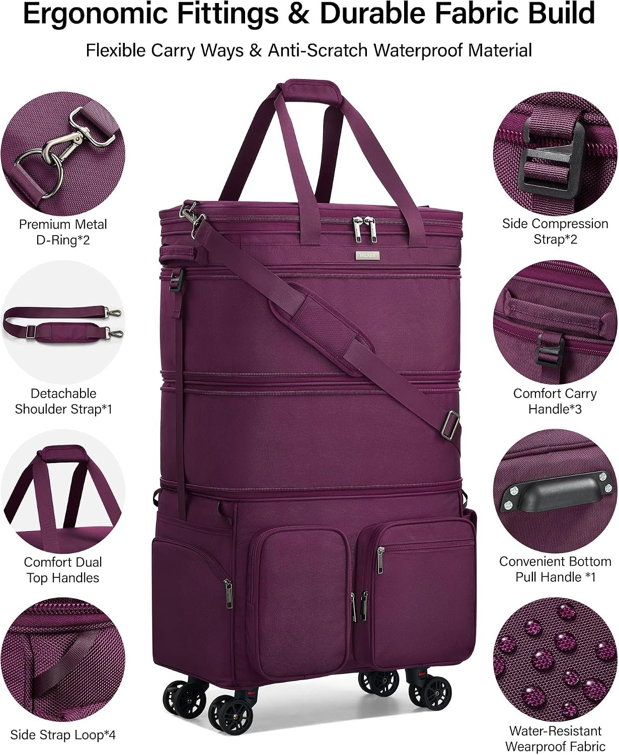 MILADA Expandable Luggage Bags for Travel Large Suitcases with Wheels | Upgraded Foldable Rolling Bag, 13 Pockets, Multi Carry Ways, Collapsible Travel Bag for Moving, Gym, Shopping, Men & Women - Image 9