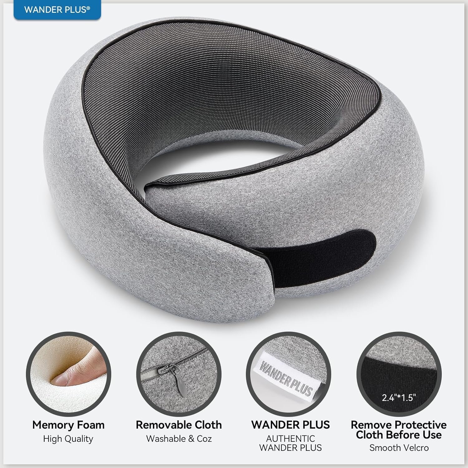 WANDER PLUS® Travel Pillow, 100% Pure Memory Foam Travel Neck Pillow Airplane Neck Support Ergonomic Design Best for Sleeping Plane Car Train Office Flight for Adults Grey - Image 3