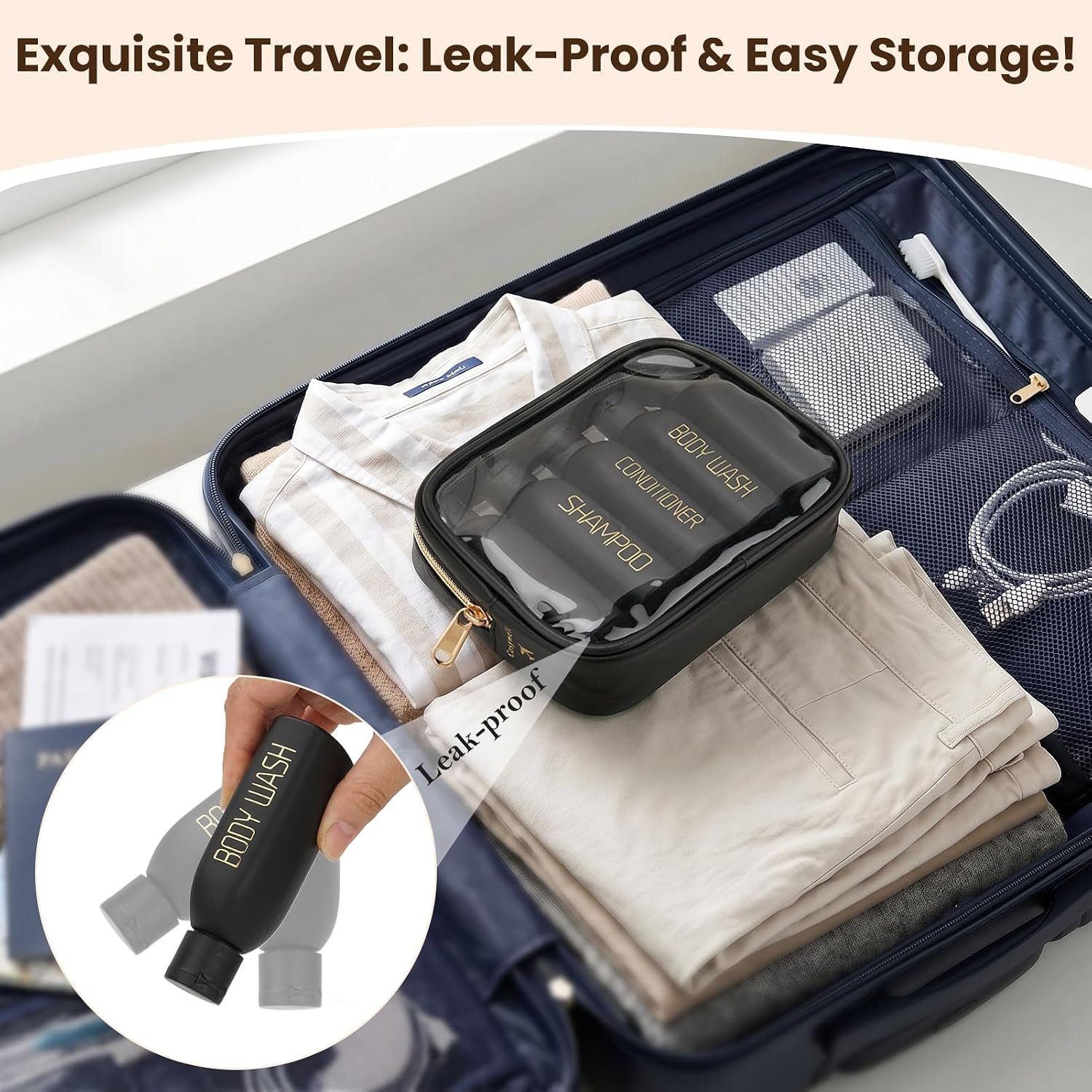 Cosywell 3.4oz 5 Pack Travel Bottles for Toiletries Black Toiletry Bottles | Pre-Printed Shampoo Conditioner & Body Wash, Soft Touch, TSA Approved, Leak Proof, Includes Flip Caps and a Toiletry Bag - Image 7