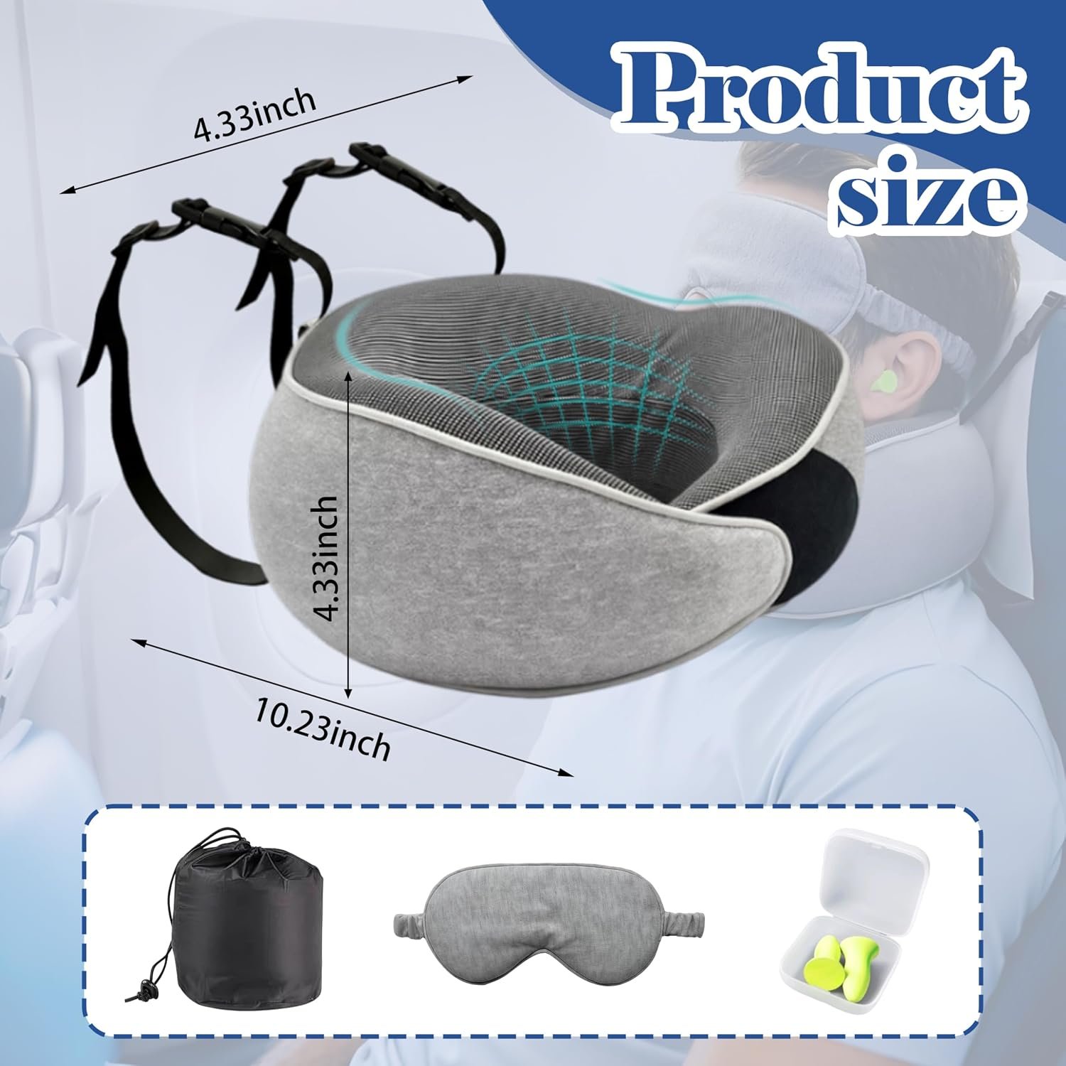 Travel Pillow for Long Flight Airplanes, Adjustable Memory Foam Neck Support Headrest w Head Strap & Eye Mask for Sleep, 360°Support Prevent Head Bobbing, w Earplug Pocket&Earplugs, Carry Bag - Image 2