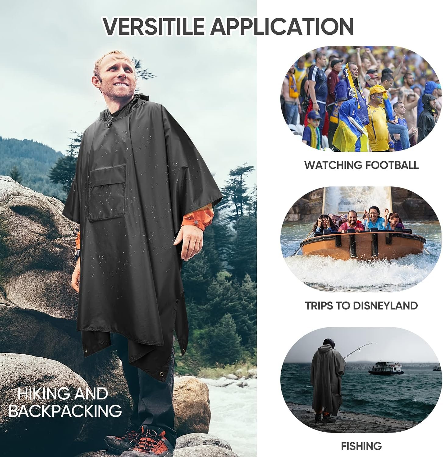 PTEROMY 3-in-1 Hooded Rain Poncho for Adult with Pocket, Waterproof Lightweight Unisex Raincoat for Hiking Camping Emergency - Image 5