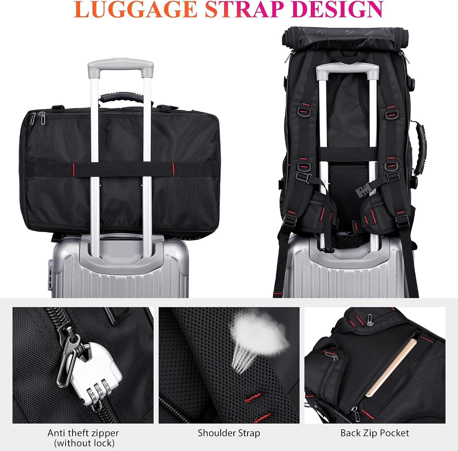 WITZMAN Carry on Travel Backpack for Men Airline Approved Fits 16" Laptop | Nylon 3 in 1 Luggage Duffle Bag with USB Charging Port, Shoe Compartment, For Weekend Getaway, Overnight Trip, B682 Black - Image 5
