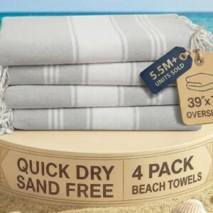 LANE LINEN Oversized Beach Towels 4 Pack, Pre-Washed, Extra Large - Grey | Quick Dry, No Sand, Absorbent Pool Towels for Adults - 39"x71", Vacation Essential - Machine Washable, Travel & Camping