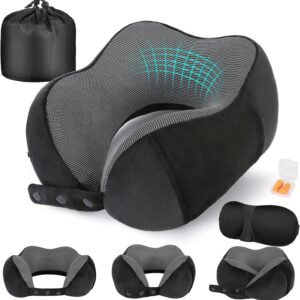 Cirorld Neck Pillow for Traveling, Travel Pillows for Airplanes Black | 100% Memory Foam Travel Neck Pillow, Adjustable Flight Pillow, Portable Plane Accessories with Eye Mask, Earplugs, Carry Bag