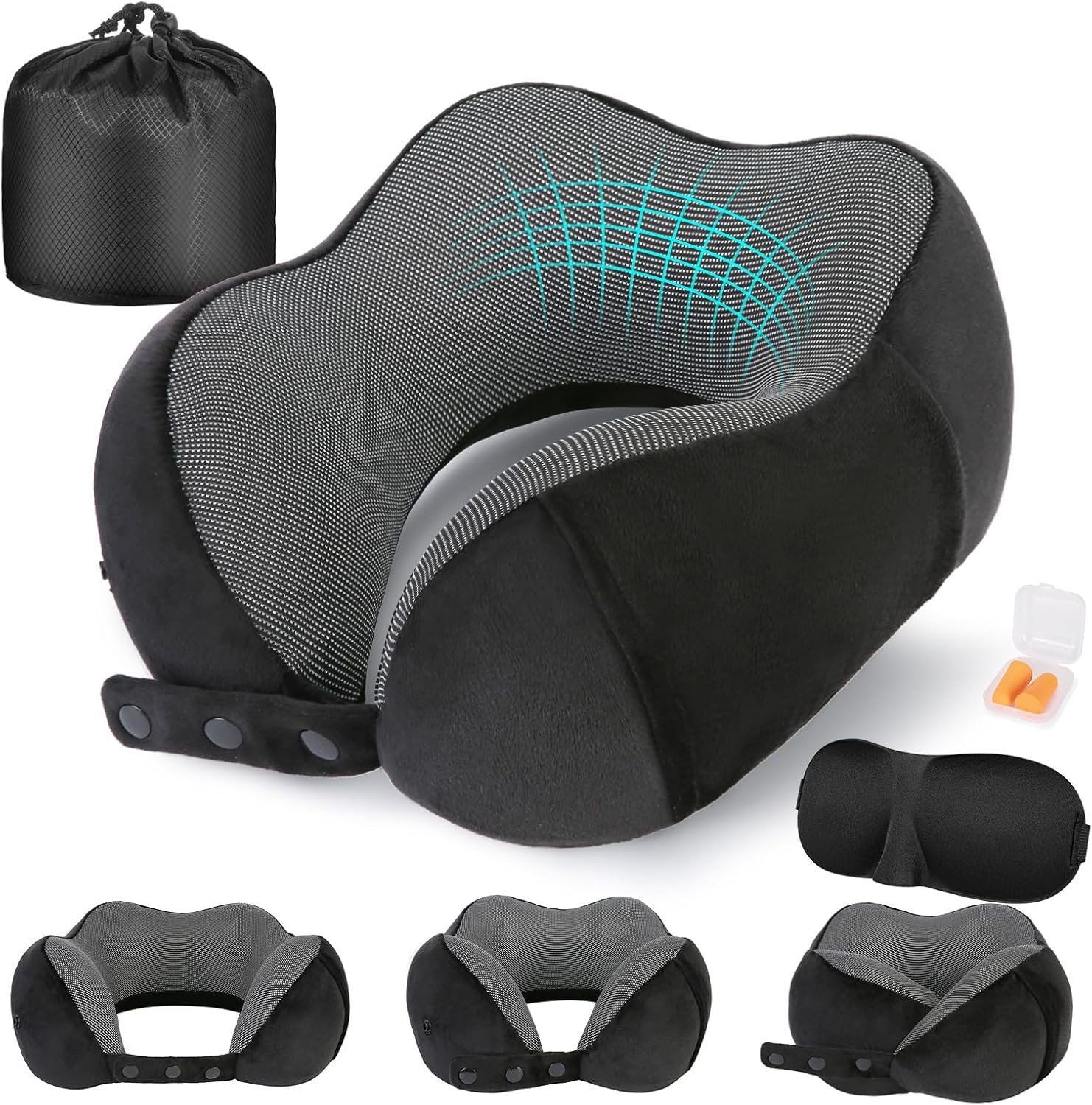 Cirorld Neck Pillow for Traveling, Travel Pillows for Airplanes Black | 100% Memory Foam Travel Neck Pillow, Adjustable Flight Pillow, Portable Plane Accessories with Eye Mask, Earplugs, Carry Bag
