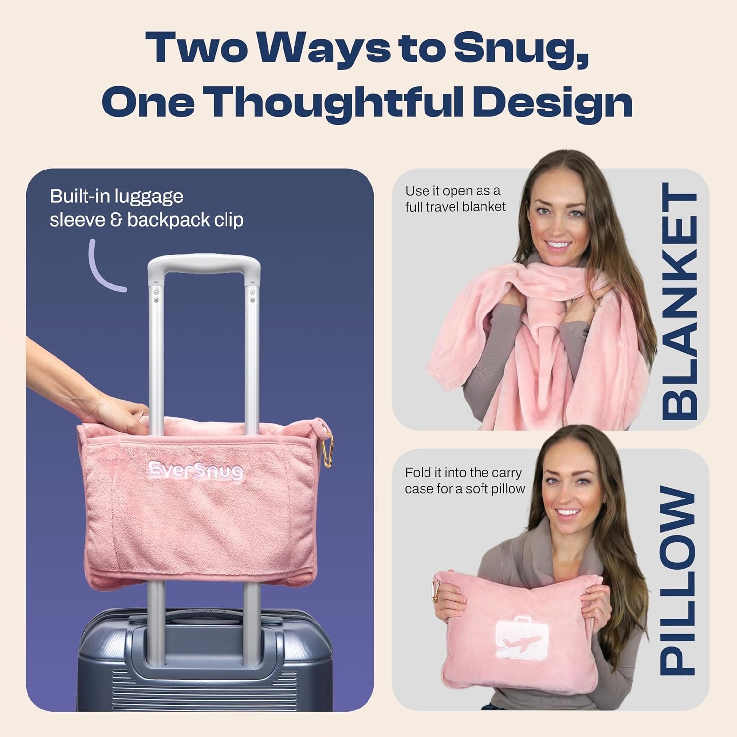 EverSnug Travel Blanket and Pillow - Premium Soft 2 in 1 Airplane Blanket with Soft Bag Pillowcase, Hand Luggage Sleeve and Backpack Clip (Light Pink) - Image 2