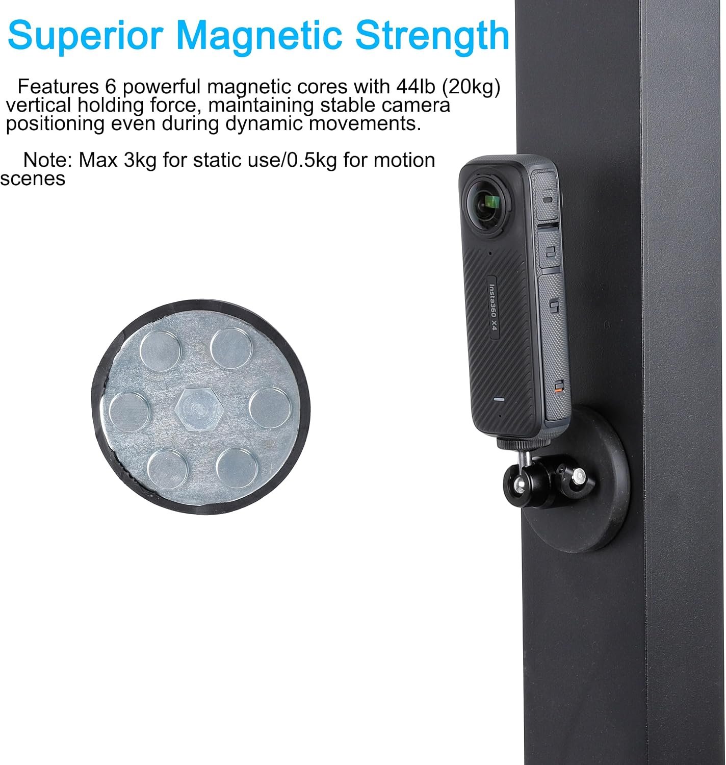 PellKing Magnetic Camera Mount for Insta360 X5 X4 X3-360° Adjustable Ball Head -Compatible with All Action Cameras on Cars, Boats, Metal Surfaces - Image 3