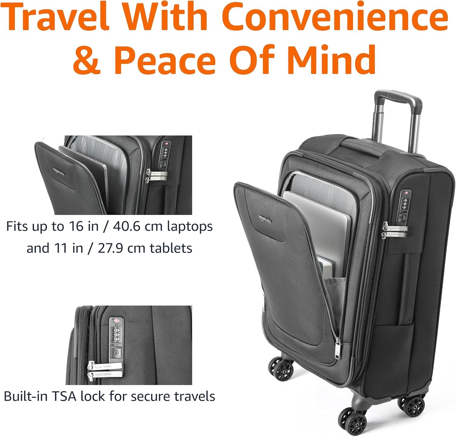 Amazon Basics 20" Carry-On Luggage, Softside Suitcase With TSA Lock, 8 Spinner Wheels, Telescoping Handle, Front Exterior Pocket, 3 Interior Pockets, Black - Image 4