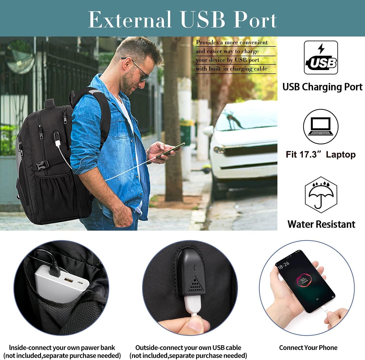Extra Large Backpack for Men 50L,17inch Travel Backpack with USB Charging Port,TSA Big Business Anti Theft Durable Laptops Backpack,Water Resistant College Padded Computer Bag Gifts for Men Women,Grey - Image 2