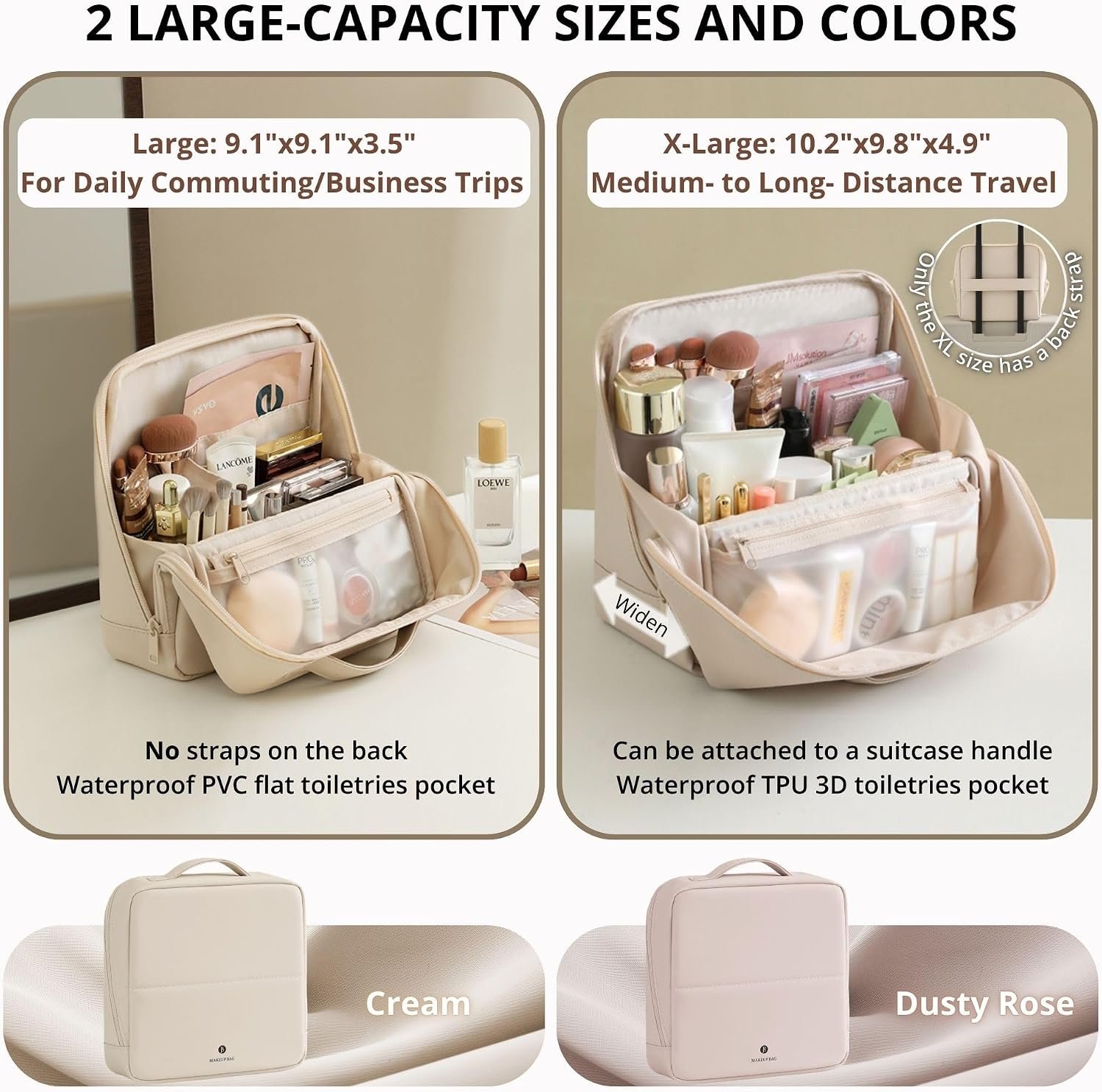 tianzong Travel Makeup Bag with Magnetic Fold-Down Flap, Waterproof Leather Cosmetic and Toiletry Organizer for Women, Multi-Zone Standing Storage, Cream, Large - Image 2