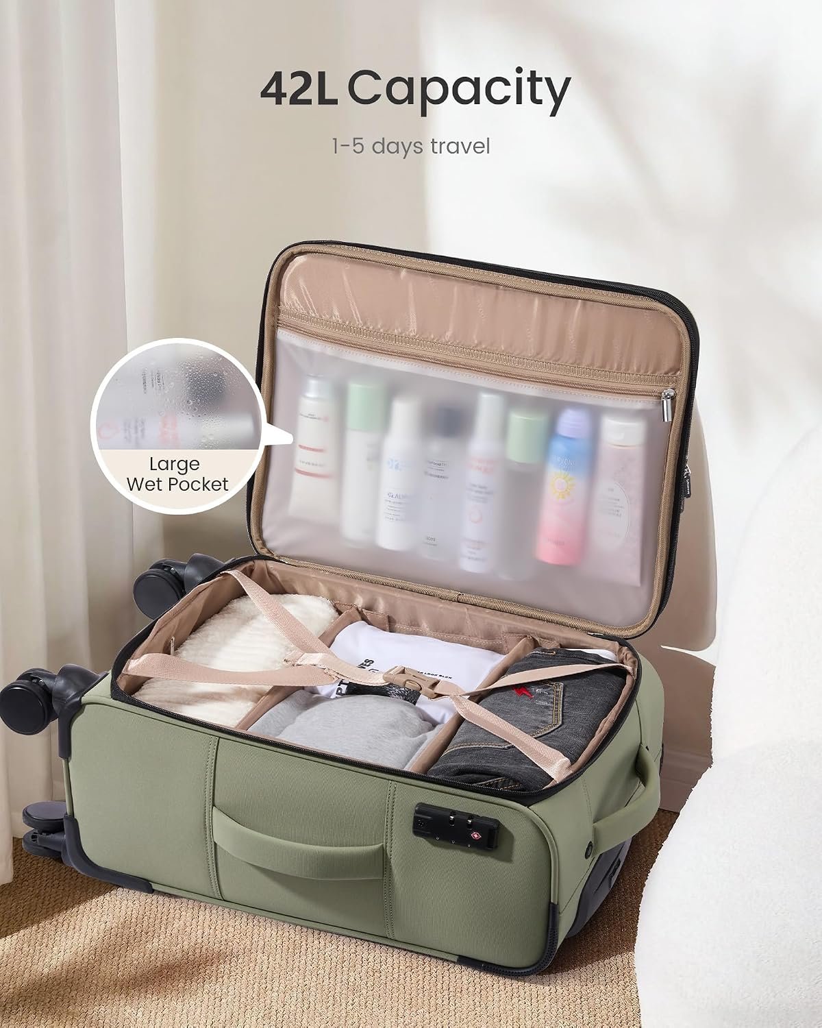 LOVEVOOK Carry On Luggage 22x14x9 Airline Approved 22inch Softside Suitcase | Rolling Suitcase with Spinner Wheels TSA Lock Laptop Compartment for Women Men, Luggage for Travel Business Trip Plane, Green - Image 6