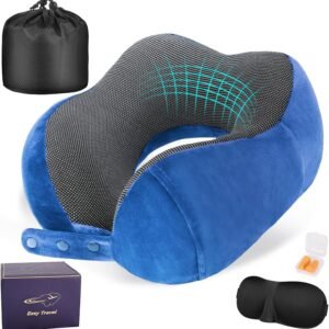Cirorld Neck Pillow for Traveling, Travel Pillows for Airplanes Dark Blue | 100% Memory Foam Travel Neck Pillow, Adjustable Flight Pillow, Portable Plane Accessories with Eye Mask, Earplugs, Carry Bag