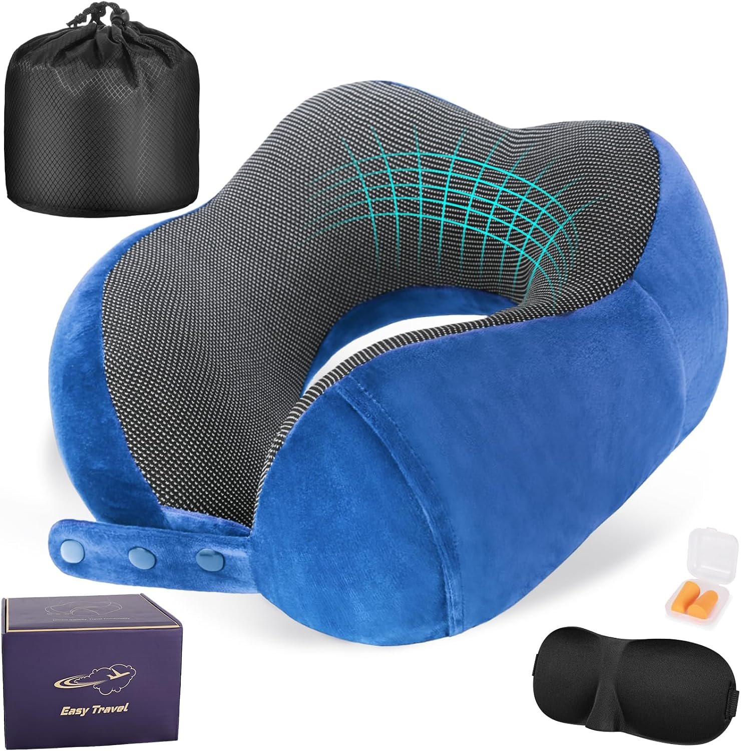 Cirorld Neck Pillow for Traveling, Travel Pillows for Airplanes Dark Blue | 100% Memory Foam Travel Neck Pillow, Adjustable Flight Pillow, Portable Plane Accessories with Eye Mask, Earplugs, Carry Bag