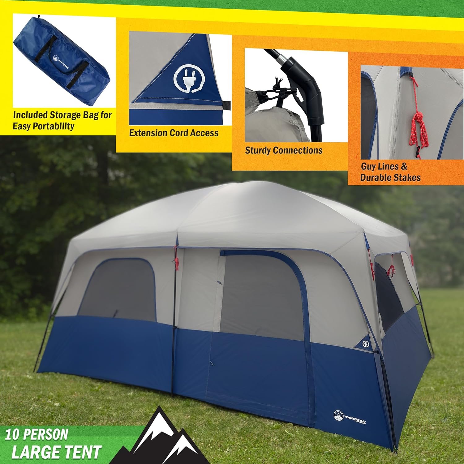 Wakeman Outdoors 10 Person Camping Tent with Rainfly, Navy | Large Outdoor Tent with Room Divider - Fits 4 Queen Size Mattresses - Family Camping House with 2 Doors and 4 Screen Windows - Image 3