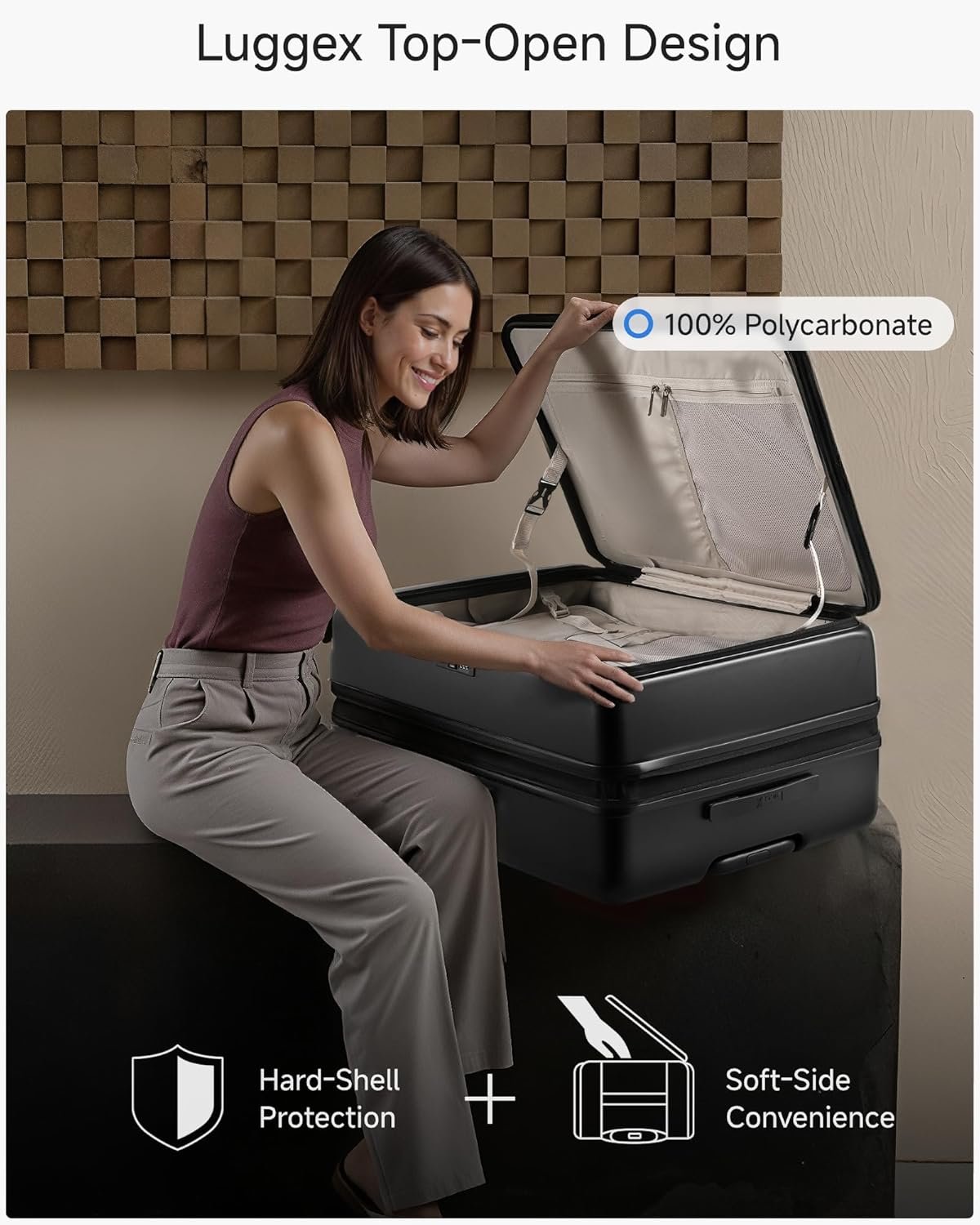 LUGGEX Checked Top Opening Expandable Suitcase, Black, 28" | Checked Luggage, Top Opening Design, 100% PC Hard Shell, Expandable Storage, TSA Approved Lock, 105L-115L Capacity, FX-Core - Image 2