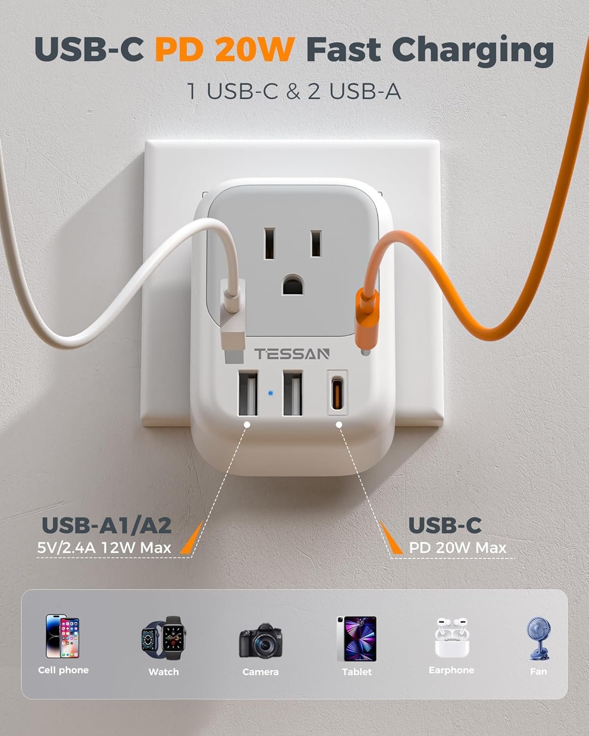 TESSAN 2 Pack European Travel Plug Adapter, Europe Power Converter | 4 Outlets 3 USB (1 USB C PD 20W), Type C International Plug, For Italy Spain France Portugal Iceland Germany - Image 4