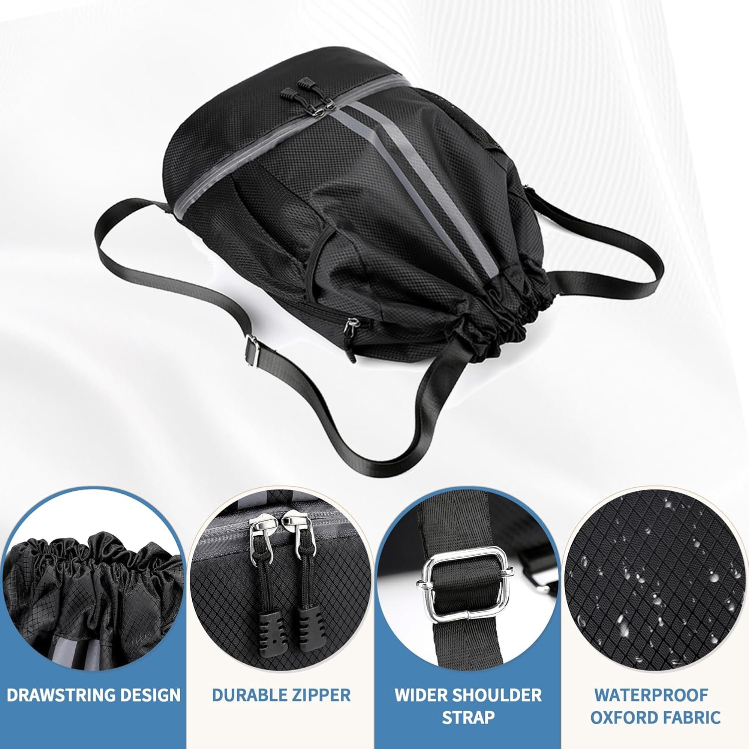 JELUTAR Drawstring Backpack Gym Bag with Shoes Compartment, Black | Water-Resistant String Backpack for Soccer, Basketball, Swim, Beach Cinch for Women Men, 22 L Large Capacity, Wet Pocket - Image 8