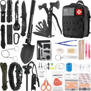 LUXMOM Emergency Survival Kit and First Aid Kit, 142Pcs Professional Survival Gear and Supplies Equipment with Molle Pouch, Gift for Christmas Men Dad Husband Camping Hiking Hunting Outdoor Adventure