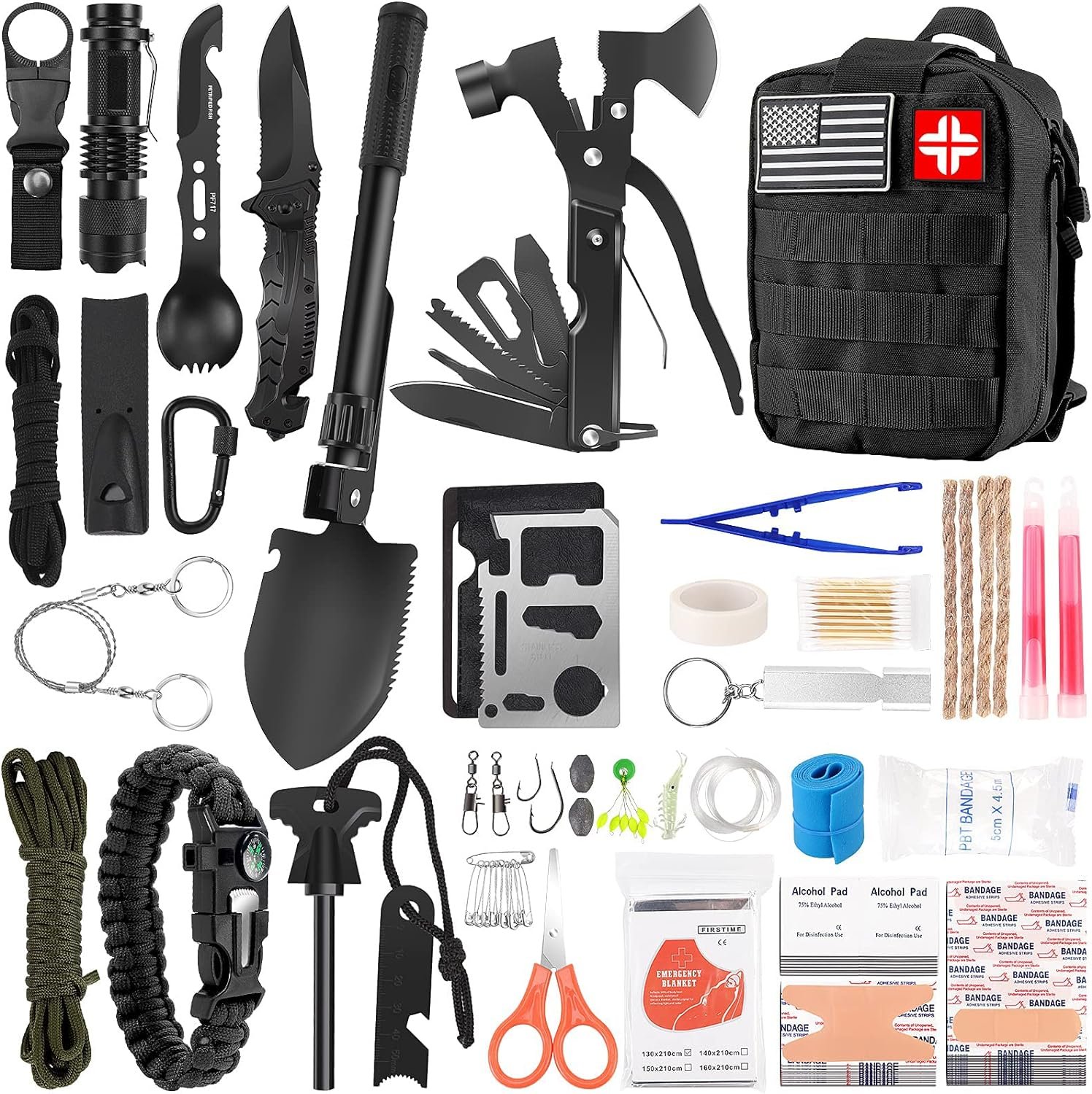 LUXMOM Emergency Survival Kit and First Aid Kit, 142Pcs Professional Survival Gear and Supplies Equipment with Molle Pouch, Gift for Christmas Men Dad Husband Camping Hiking Hunting Outdoor Adventure