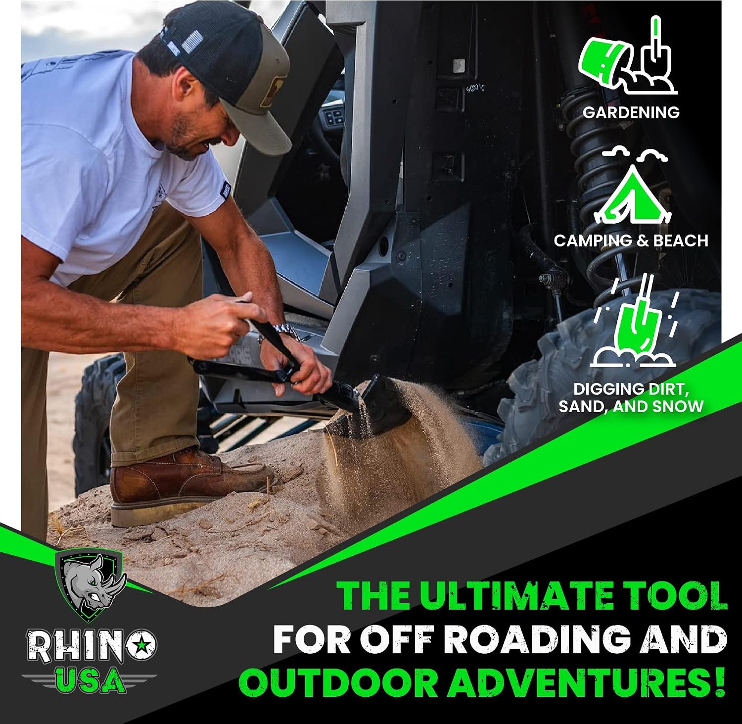 Rhino USA Folding Survival Shovel with Pick - Military Entrenching Tool | Heavy Duty Carbon Steel Folding Tool for Off-Road, Camping, Gardening, Beach. For Dirt, Sand, Mud & Snow Digging. Black - Image 8