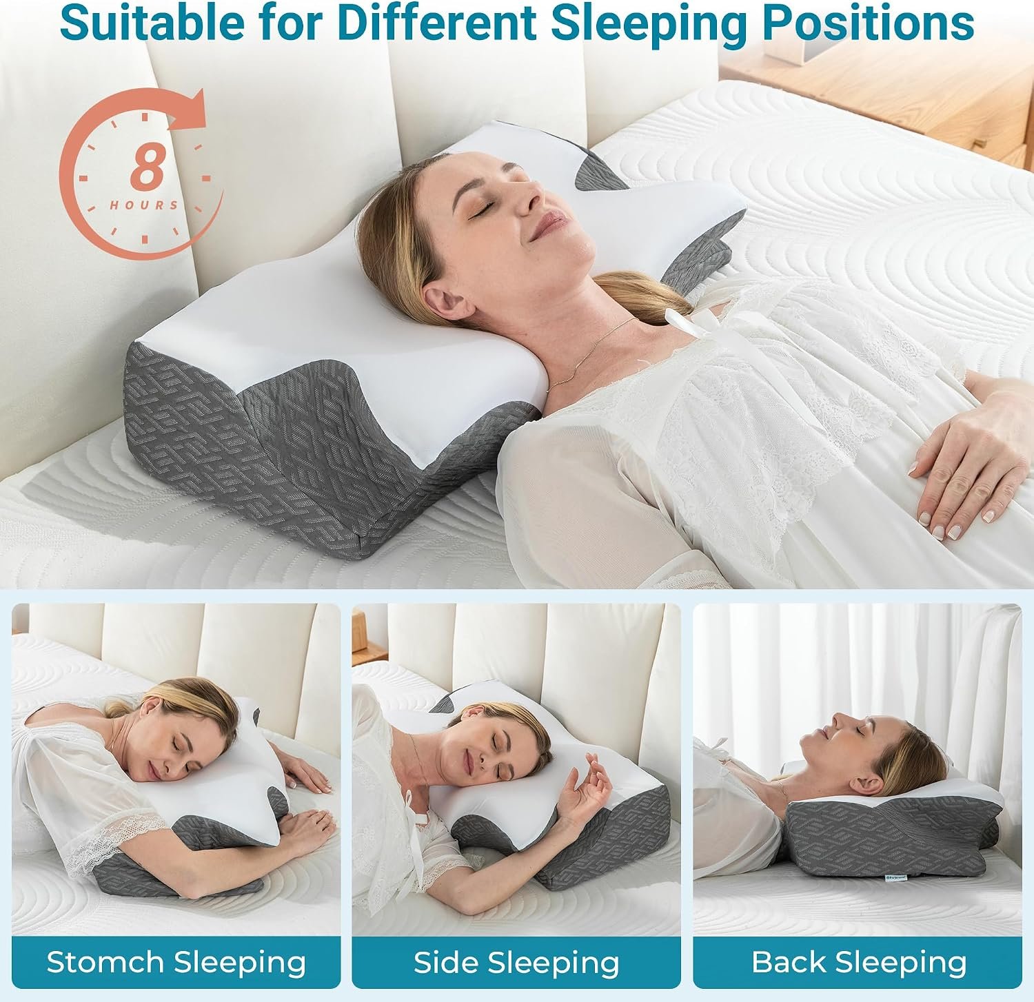 Elviros Cervical Neck Memory Foam Pillow with Removable Cooling Pillowcase | Ergonomic Orthopedic Bed Pillows for Neck Pain Relief, Neck and Shoulder Support, Suitable for Side Back Stomach Sleepers - Image 8