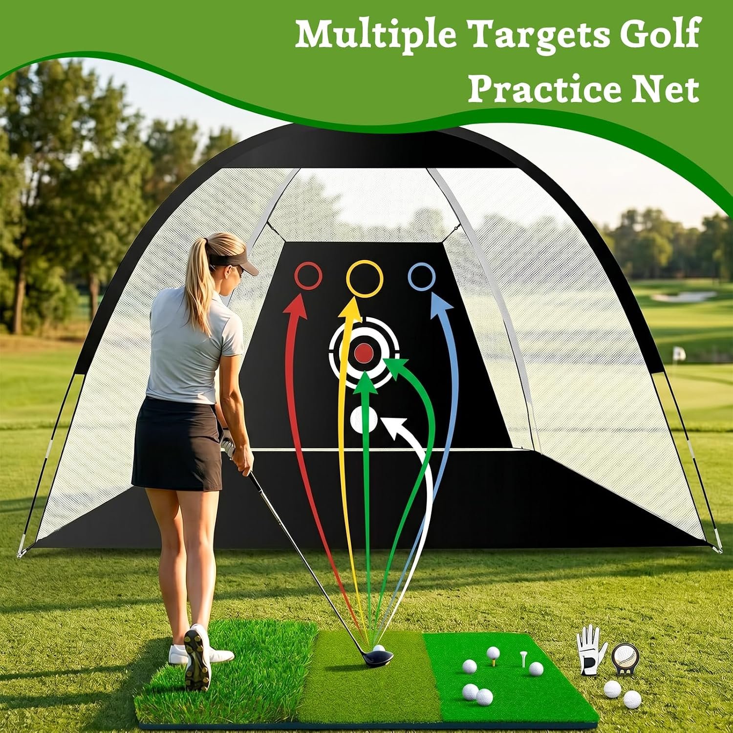 Golf Net, Dikutar 10x7ft Practice Bundle with Tri-Turf Mat & 4-Targets | Durable 420D hitting cages for backyard driving and swing training. Includes 5 balls, tee, and carry bag. Gifts for men. - Image 6