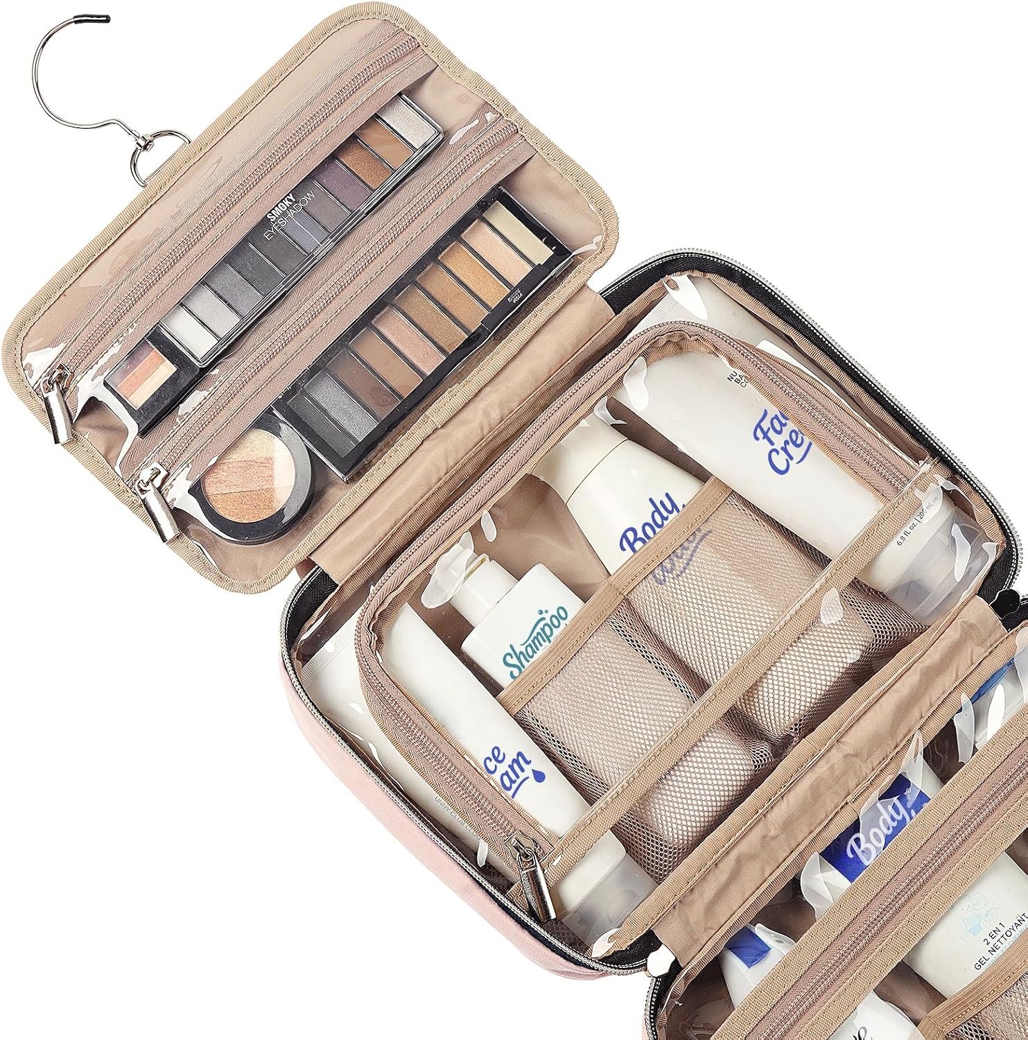 NISHEL Travel Toiletry Bag for women, Portable Hanging makeup Organizer | for Travel-Sized Shampoo, Conditioner, Brushes Set, makeup Accessories, Medium Size, Pink - Image 4