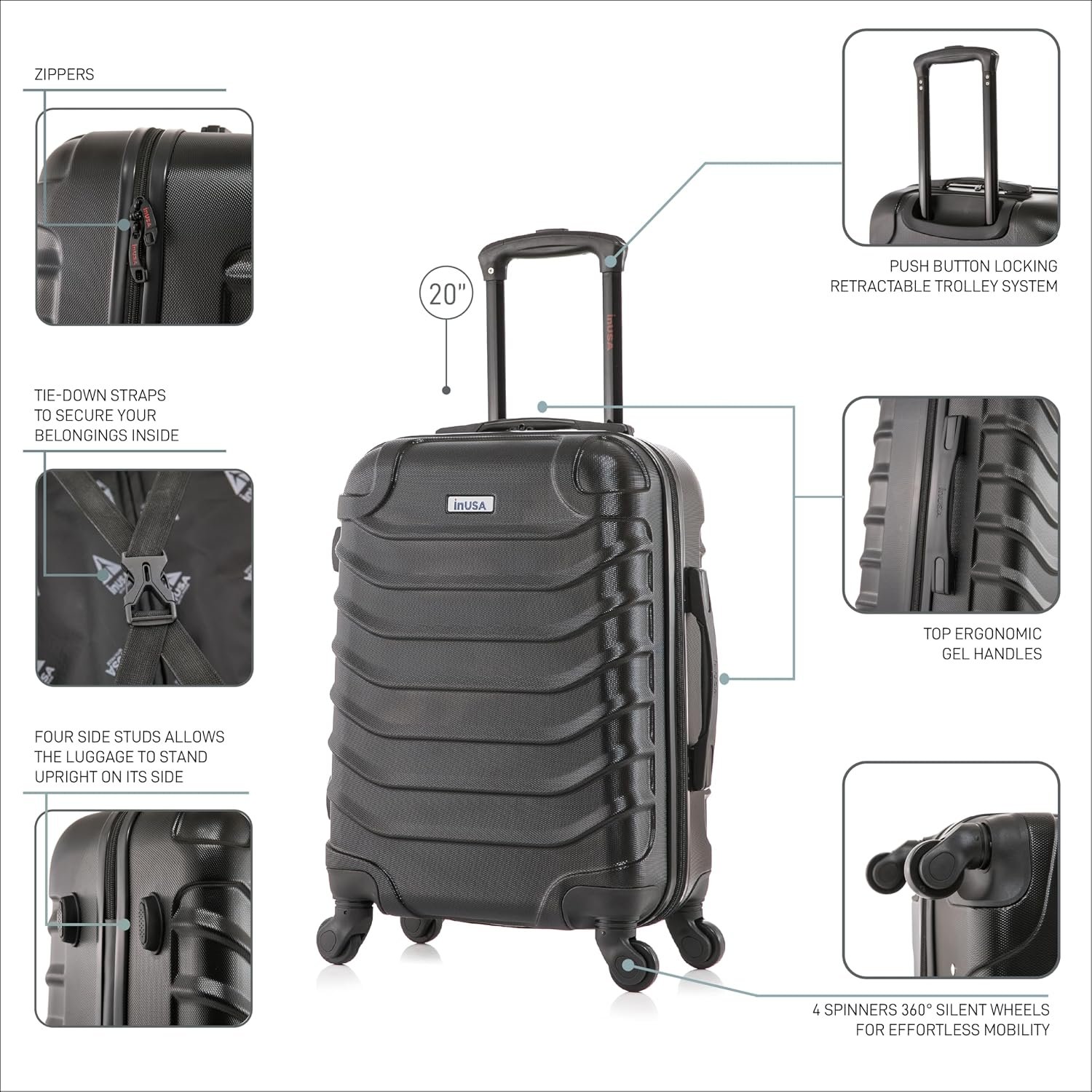 InUSA ENDURANCE 20-Inch Carry-On Hardside Spinner Luggage Lightweight Black - Image 3