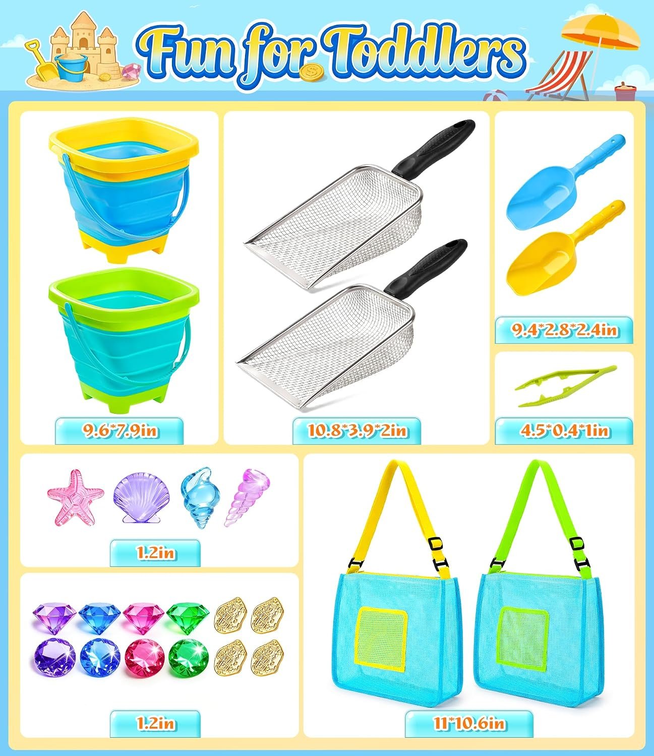 Beach Toys for Kids 24 Pcs Metal Sand Sifter Collapsible Beach Buckets Set | Stainless Steel Sand Shovel, Sandcastle Building Kit with Mesh Bag, Travel Sand Toys for Toddlers Age 3-10 - Image 7