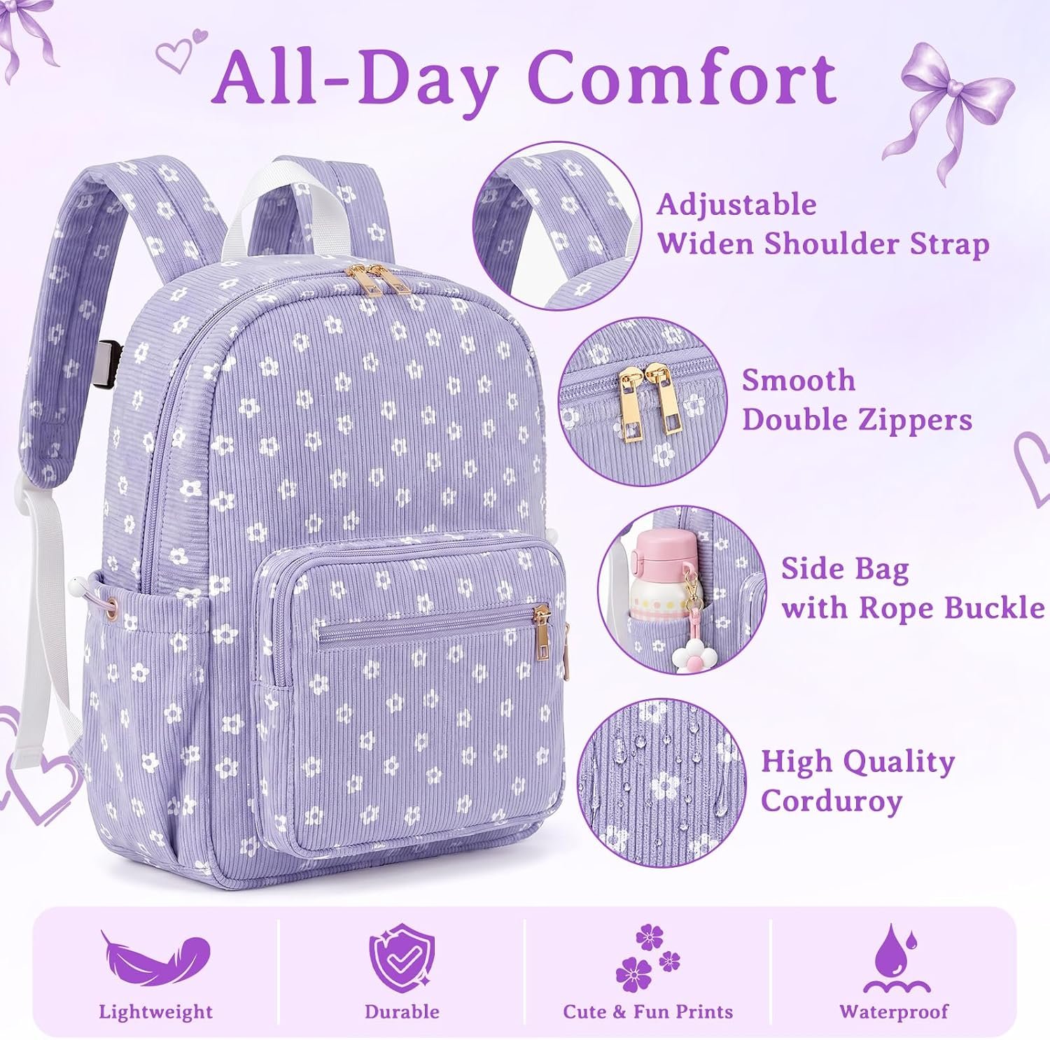 Corduroy Toddler Backpack for Kids School Bag Girls Bookbag Teen Backpack Set Daypack with Lunch Bag and Pencil Case (Purple small white flowers, 3 Set) - Image 4