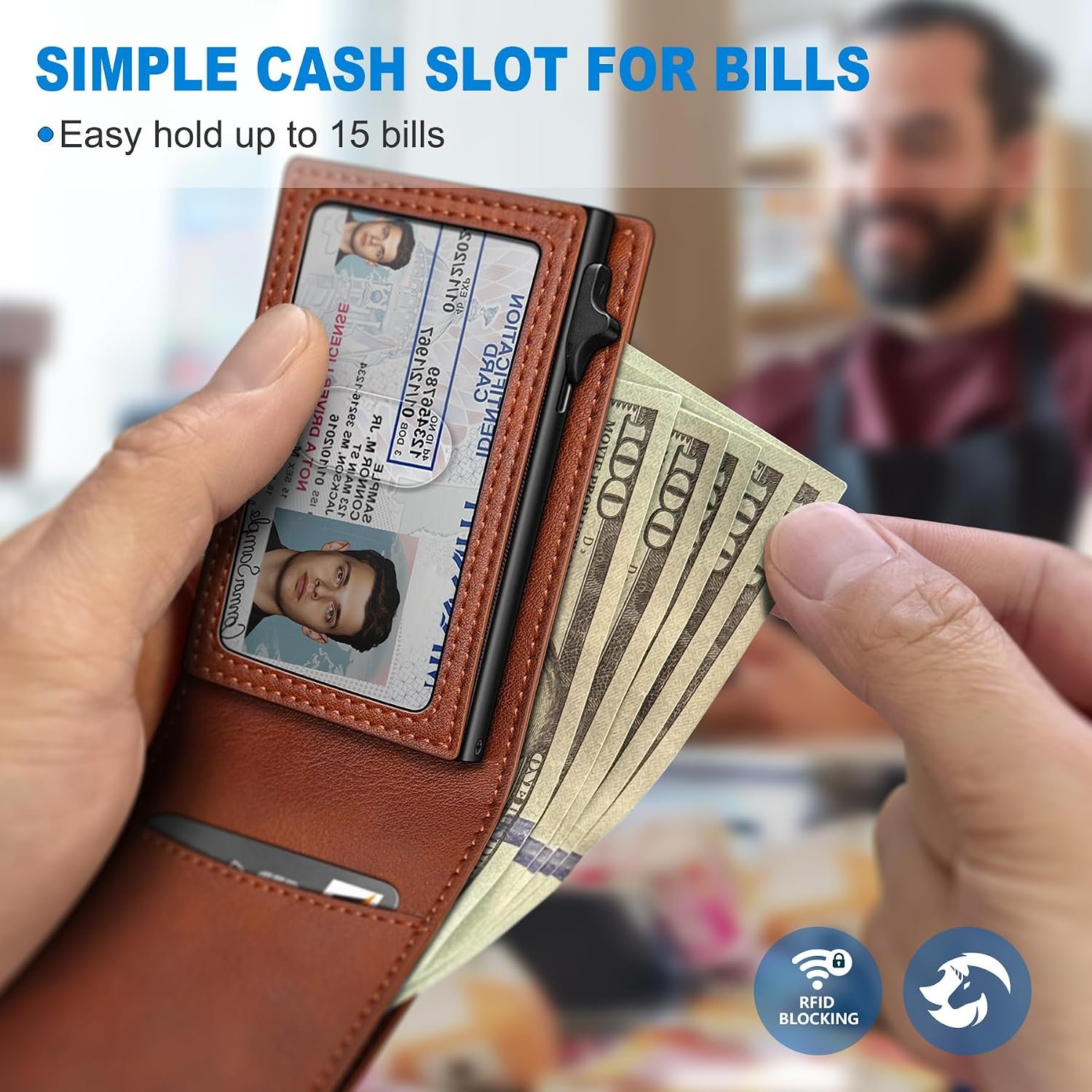 Wallet for Men, Slim Pop Up Card Holder with RFID Blocking, Minimalist Bifold Wallet with 9 Card Slots, ID Window and Cash Pocket, Metal Flip Case with Magnetic Closure, Gift Box - Image 4