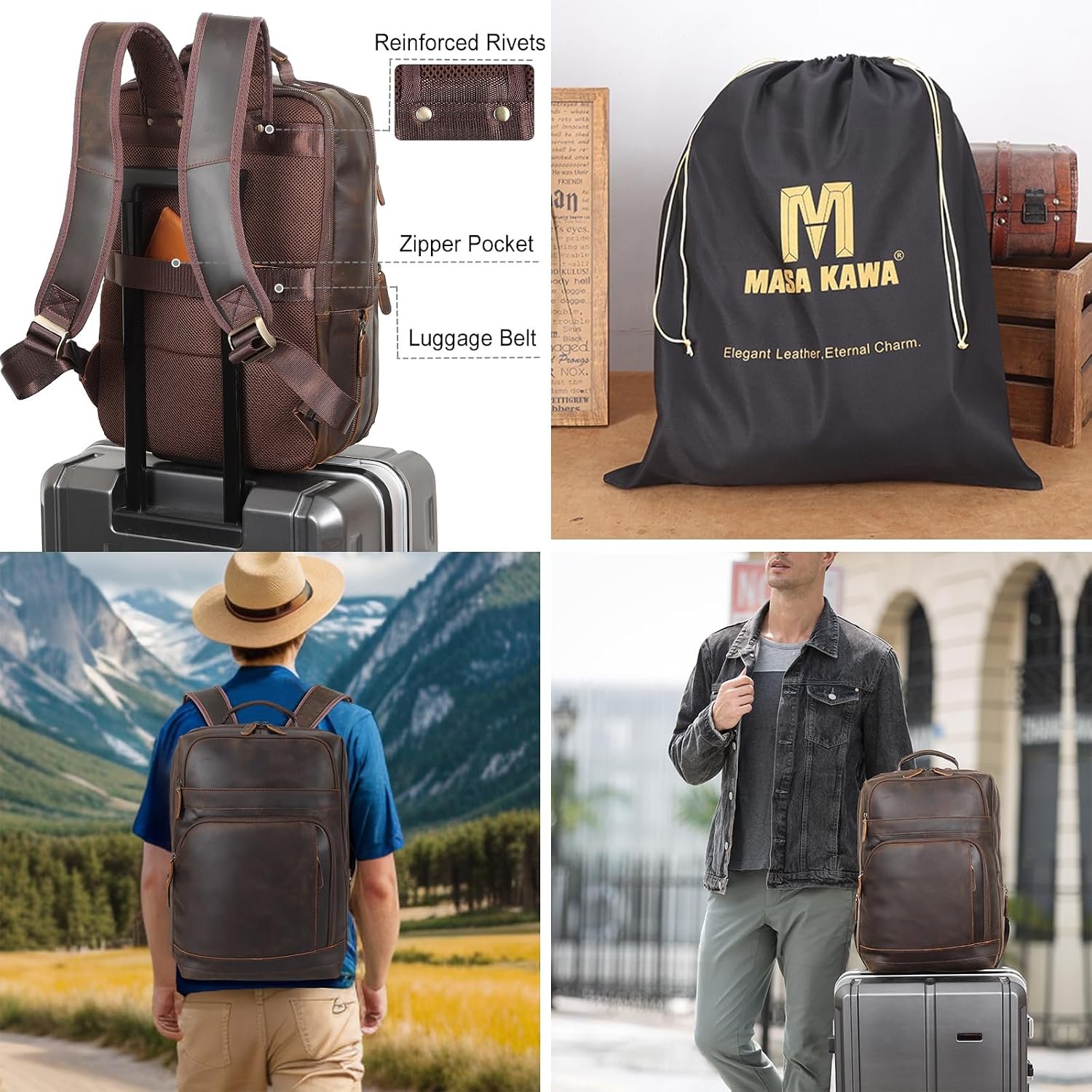 Masa Kawa Brown Leather Laptop Backpack for Men 16 Inch Compute Work Bag | Vintage Cowhide Overnight Camping Weekender Travel Large College Daypack with Water Bottle Holder - Image 4
