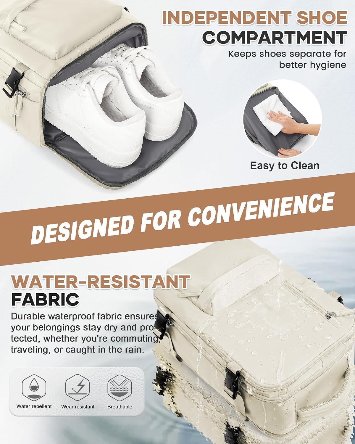 Large Travel Gym Backpack Women Carry On Backpack Flight Approved Hiking Waterproof Rucksack Casual Daypack Laptop bags airplanes Shoes Compartment Personal Item Travel Weekender Bag Essentials Beige - Image 4