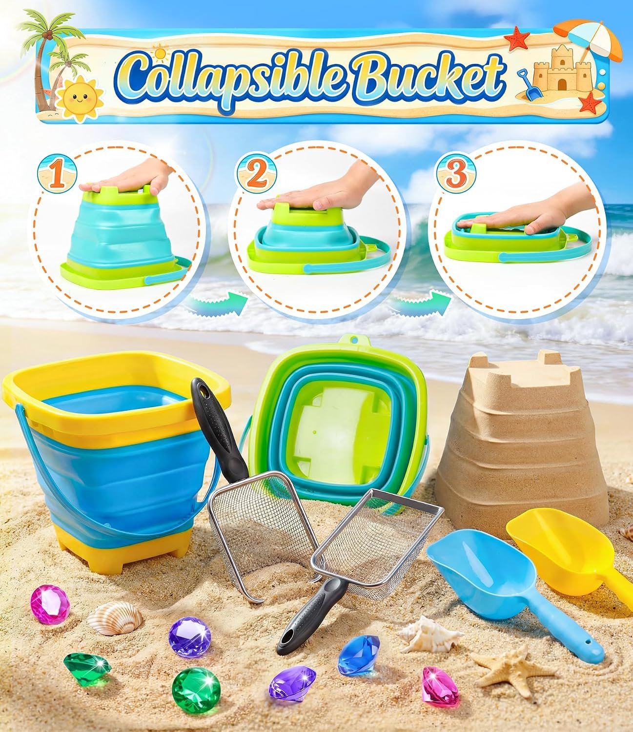Beach Toys for Kids 24 Pcs Metal Sand Sifter Collapsible Beach Buckets Set | Stainless Steel Sand Shovel, Sandcastle Building Kit with Mesh Bag, Travel Sand Toys for Toddlers Age 3-10 - Image 3