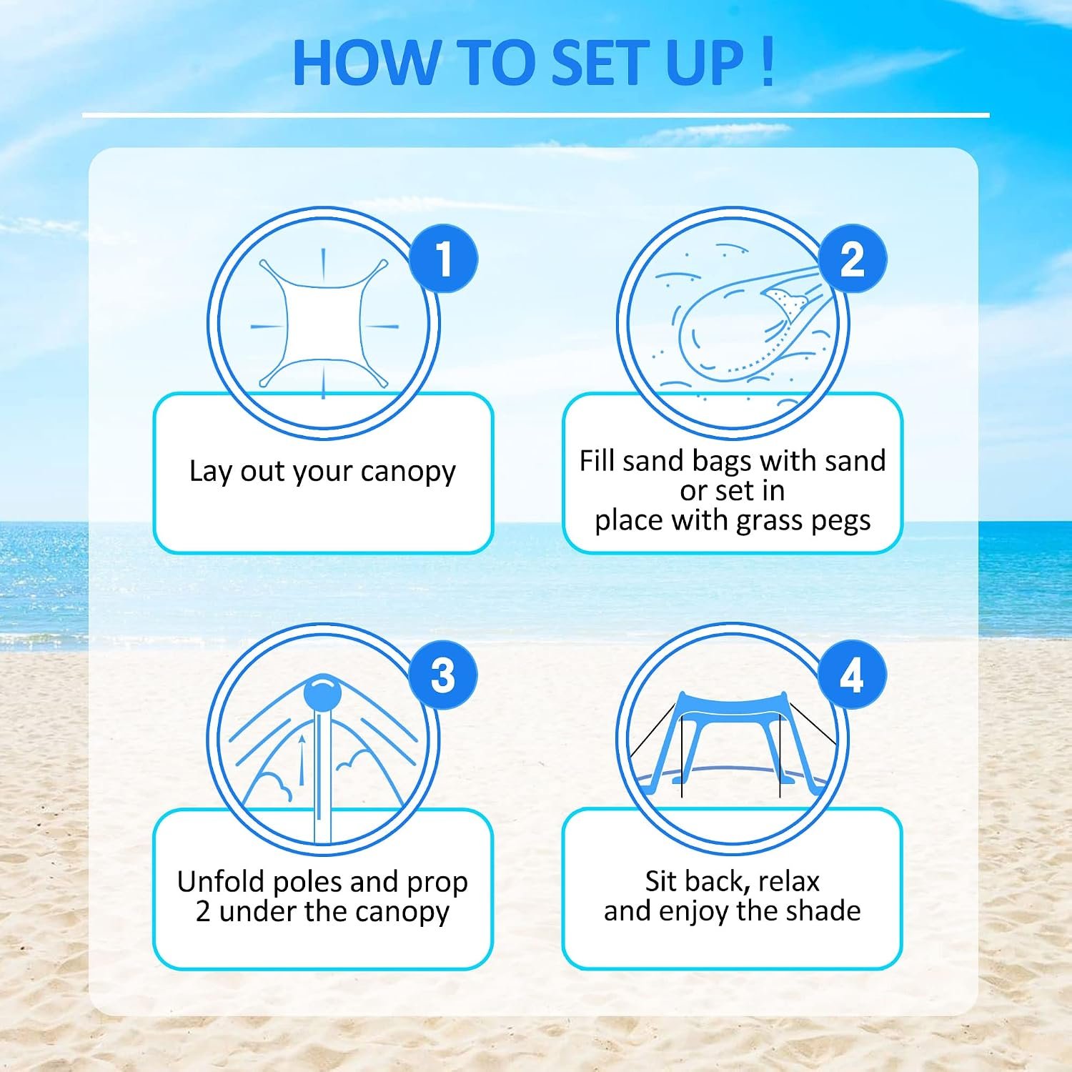 Beach Canopy Tent Sun Shade with UPF 50+ UV Protection, Beach Tent Sun Shelter with Sandbags, Poles and Ground Pegs and Anti-Wind Ropes for Outdoor, Camping, Backyard and Picnics - Image 4