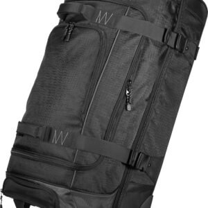 Amazon Basics 35-inch Large Rolling Duffel Bag with Wheels and Handle, Travel Duffle with Durable Ripstop Polyester Material, 2 Layers of Storage Space, Multiple Interior and Exterior Pockets, Black