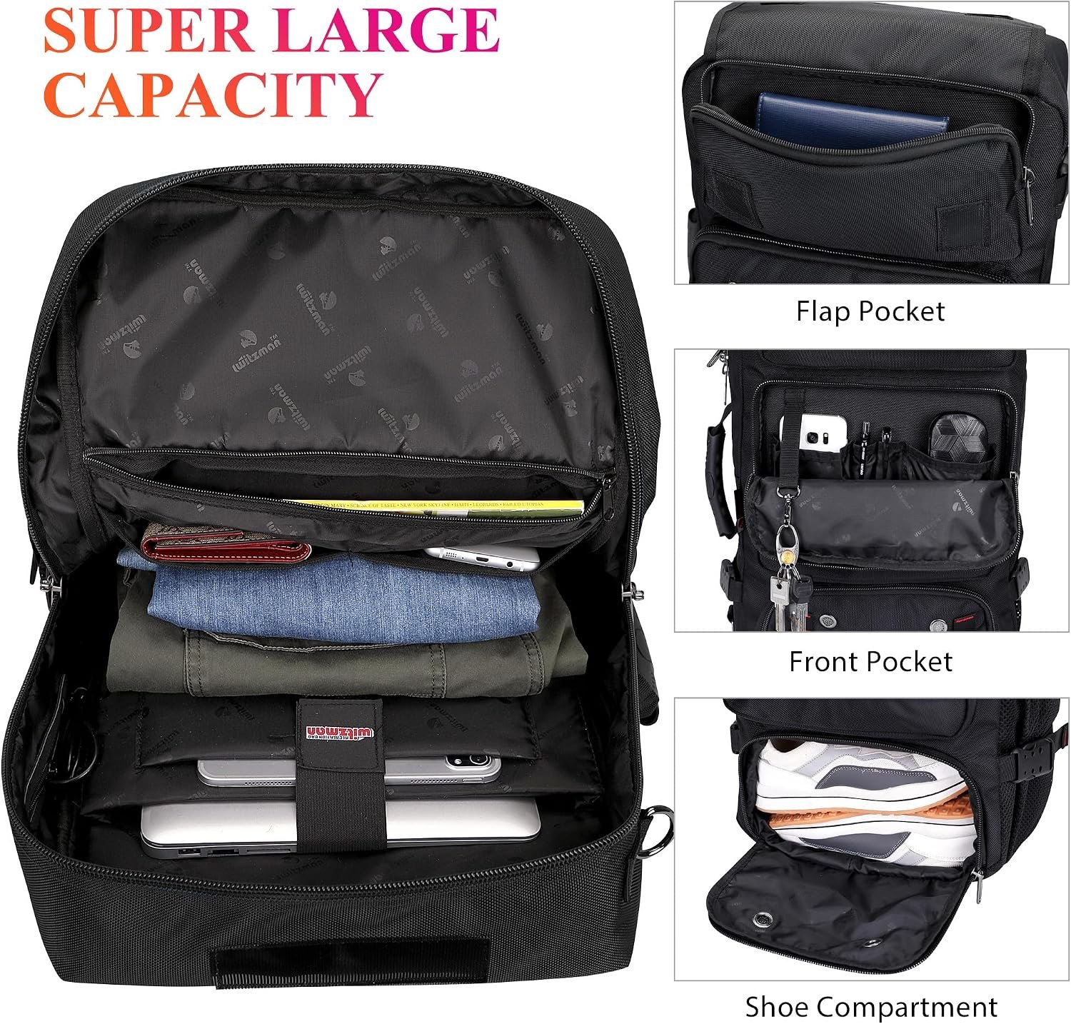 WITZMAN Carry on Travel Backpack for Men Airline Approved Fits 16" Laptop | Nylon 3 in 1 Luggage Duffle Bag with USB Charging Port, Shoe Compartment, For Weekend Getaway, Overnight Trip, B682 Black - Image 3
