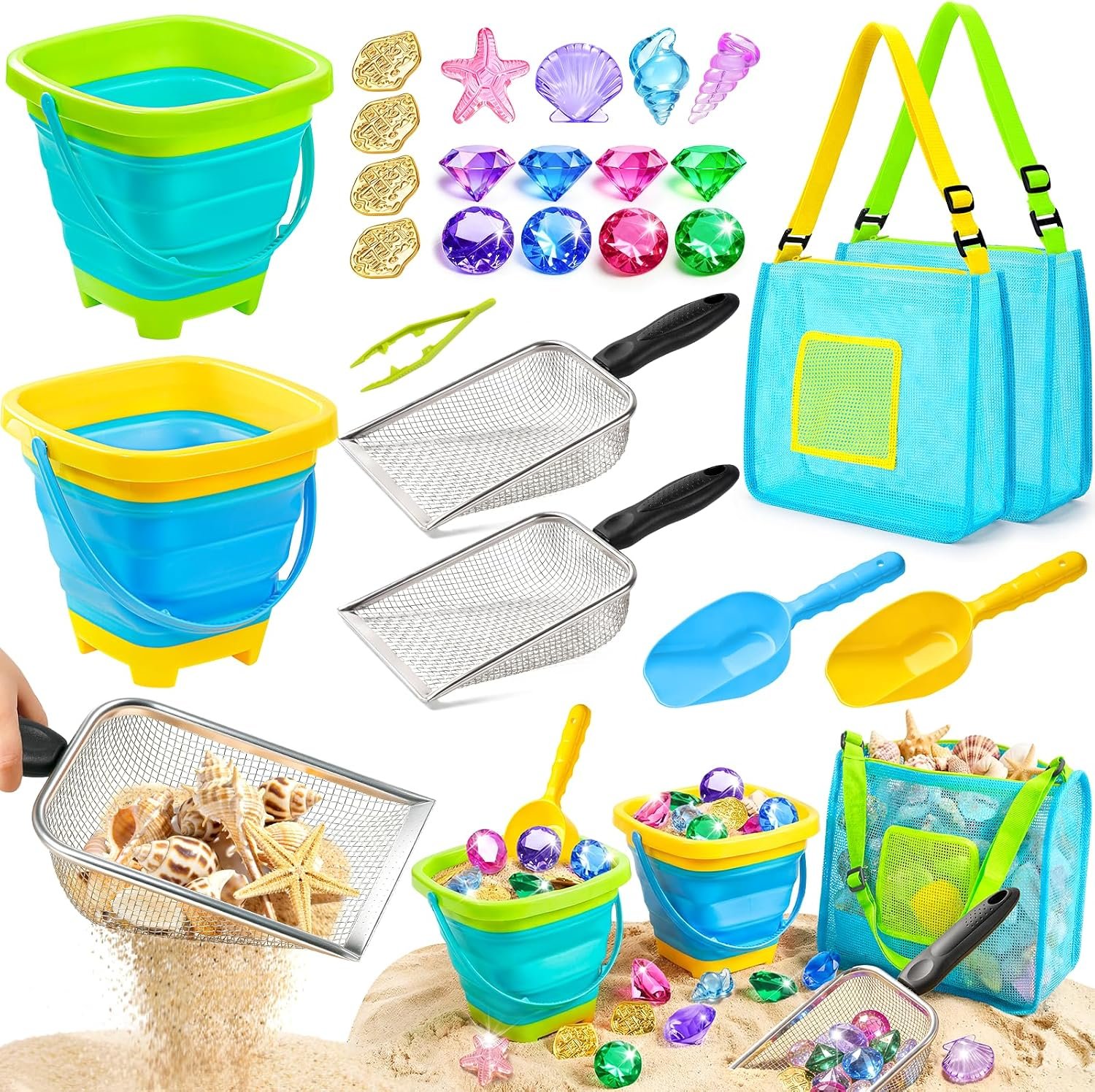 Beach Toys for Kids 24 Pcs Metal Sand Sifter Collapsible Beach Buckets Set | Stainless Steel Sand Shovel, Sandcastle Building Kit with Mesh Bag, Travel Sand Toys for Toddlers Age 3-10
