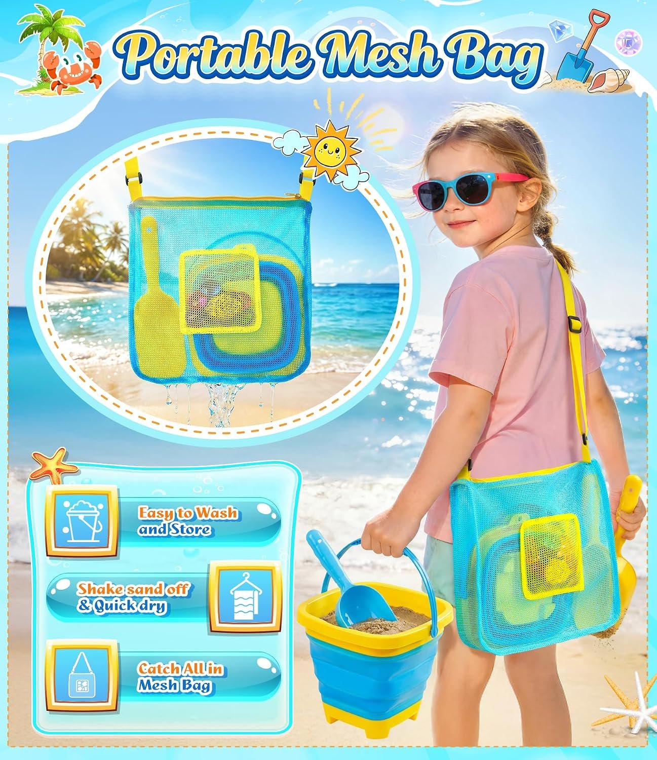 Beach Toys for Kids 24 Pcs Metal Sand Sifter Collapsible Beach Buckets Set | Stainless Steel Sand Shovel, Sandcastle Building Kit with Mesh Bag, Travel Sand Toys for Toddlers Age 3-10 - Image 4