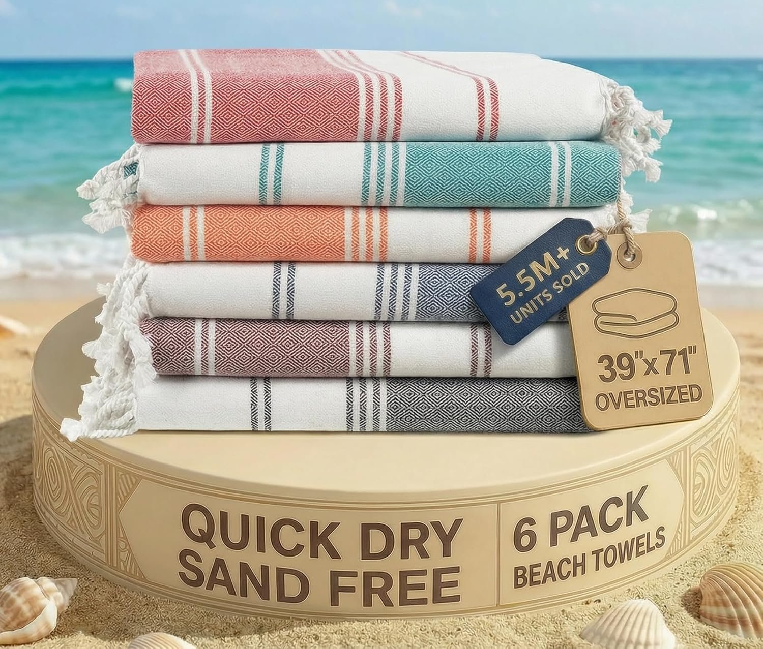LANE LINEN 6-Pack Oversized Pre-Washed Beach Towels, Stylish Quick-Dry Pool & Travel Towels for Adults, 39"x71" - Diamond Multi Colors | Stylish Quick-Dry Pool & Travel Towels for Adults - 39"x71", Vacation Essential - Machine Washable, Super Absorbent, Durable