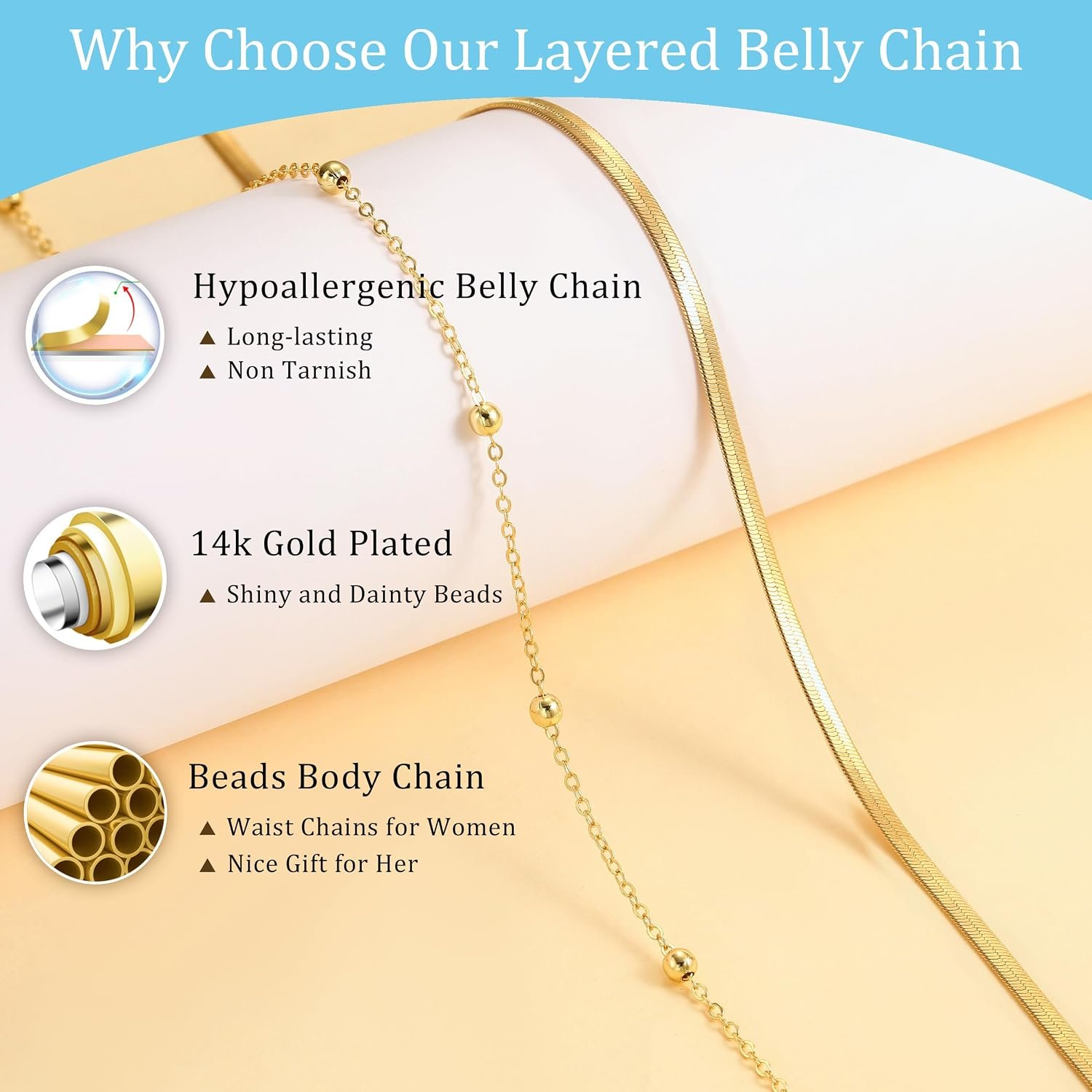 CHESKY 14K Gold Plated Waist Chain for Women, Layered Waist Beads | Silver Plated Gold Body Chains, Beach Summer, Waterproof Snake Belly Belt Chain, Festival Jewelry Accessories for Women - Image 4