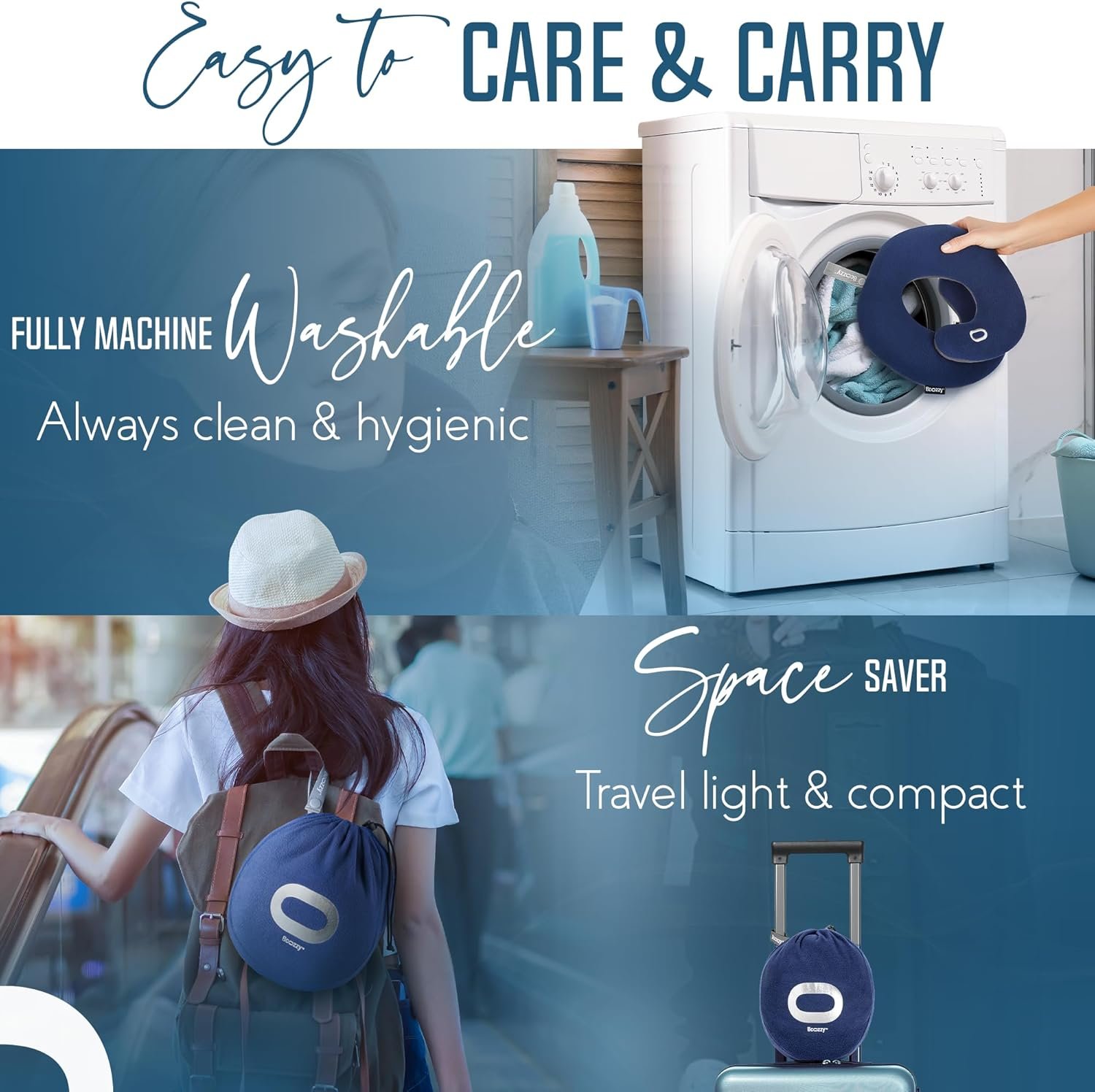 BCOZZY Travel Neck Pillow for Airplane – Patented Double Support for Head, Neck, and Chin. Best for Long Flights, Plane Sleeping, and Car Rides. Adjustable Size. Fully Washable. Carry Bag. Large, Navy - Image 5