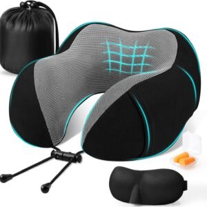 CloudBliss Neck Pillow for Airplanes, Memory Foam Travel Pillow, Black | Compact Flight Pillow with Eye Mask, Earplugs, Carry Bag, Travel Neck Pillow for Long Flight Sleep, Plane Travel Essentials