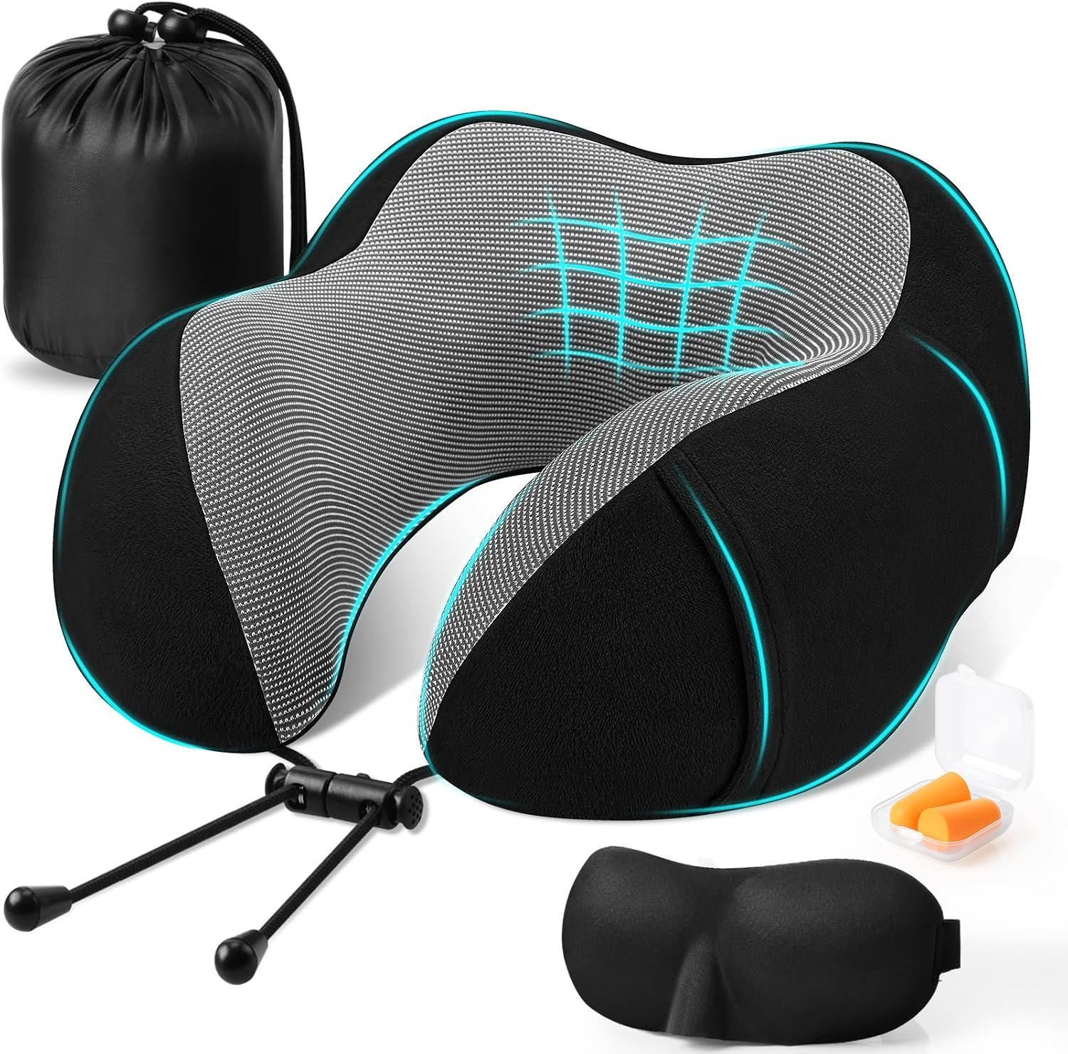 CloudBliss Neck Pillow for Airplanes, Memory Foam Travel Pillow, Black | Compact Flight Pillow with Eye Mask, Earplugs, Carry Bag, Travel Neck Pillow for Long Flight Sleep, Plane Travel Essentials