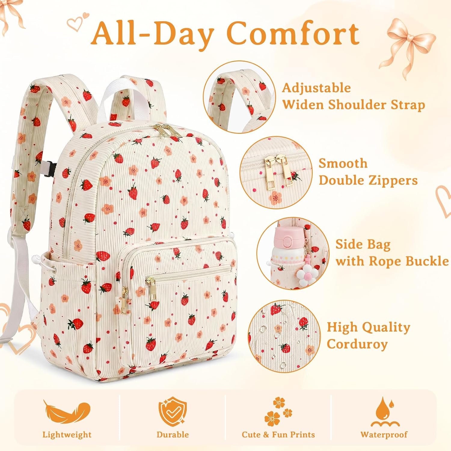 Corduroy Girls Backpack Set，Cute School Backpack for Teens Girls Kids Bookbags for Elementary High School Women Laptop Bags Daypacks Set With Lunch Bag and Pencil Case (Beige Strawberry, 3 Set) - Image 4